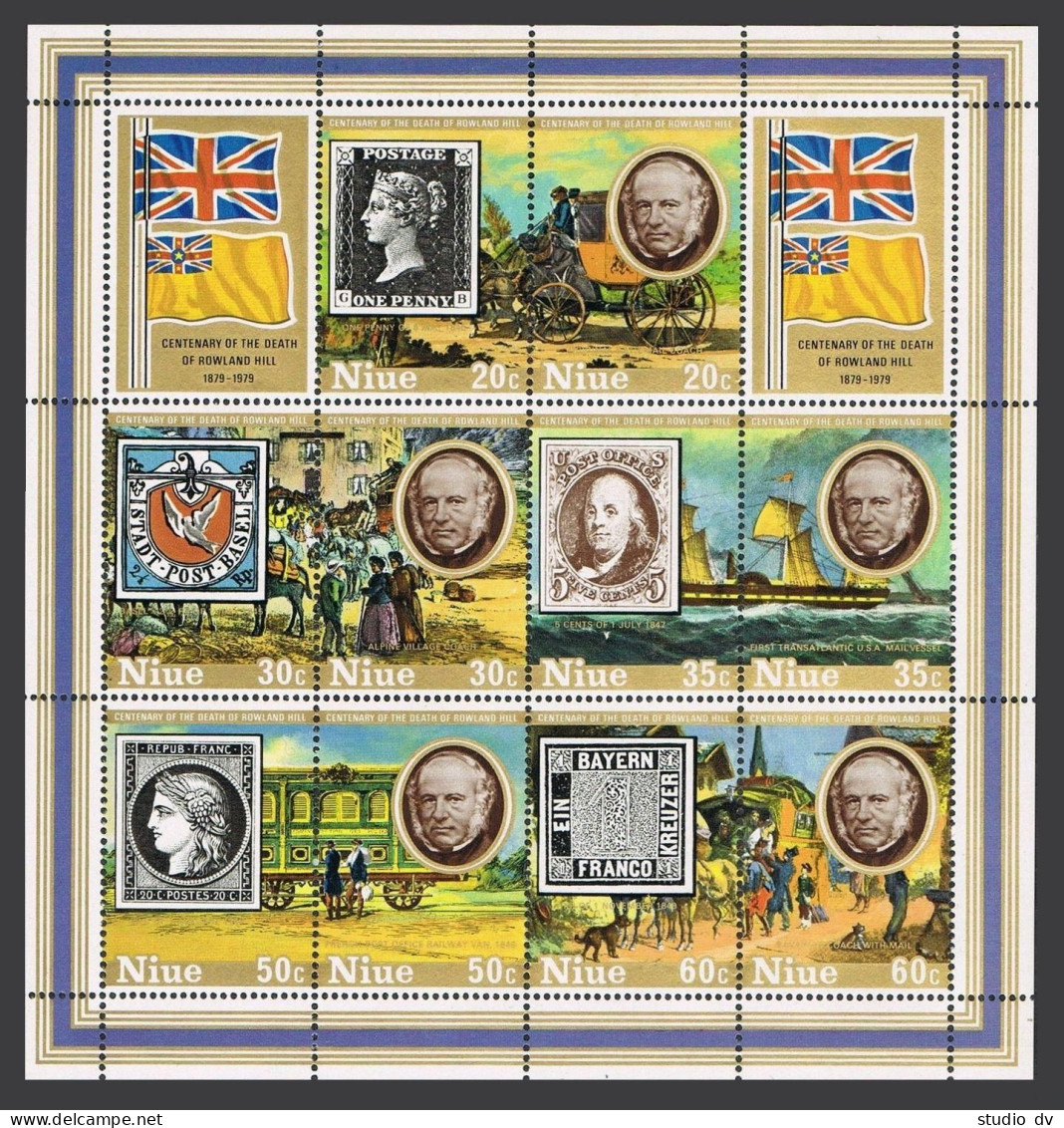 Niue 245a Sheet, MNH. Mi Bl.20. Sir Rowland Hill. Coach, Dove, Ship, - Niue