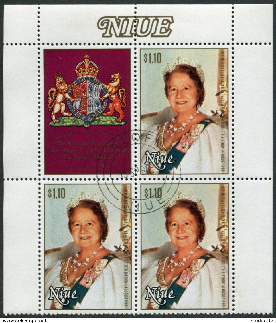 Niue 291 Block/3-label, CTO. Michel 356. Queen Mother 80th Birthday, 1980. Arms. - Niue