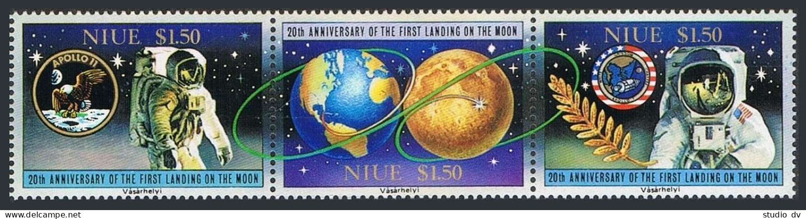 Niue 571 Ac Strip, MNH. Michel 742-744 Strip. First Moon Landing, 20th Ann.1989. - Niue