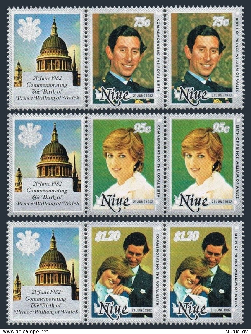 Niue 357-359A Pair/label Strips,359a,MNH. BIRTH OF PRINCE WILLIAM OF WALES.1982. - Niue