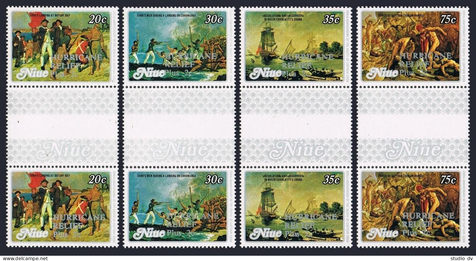 Niue B18,B23,B28, B33 Gutter, MNH. Mi 284-287. HURRICANE RELIEF-James Cook. 1980 - Niue