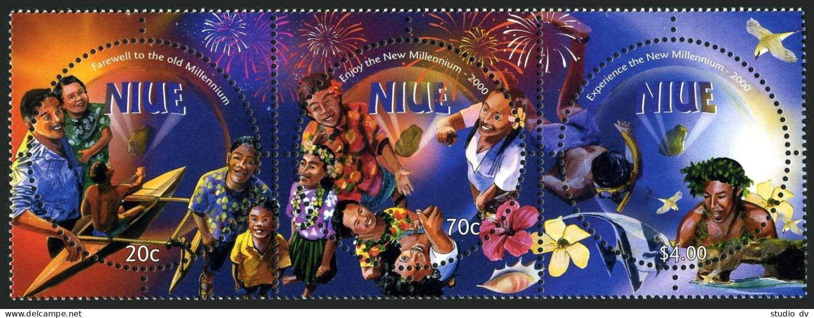 Niue 741, MNH. Mi 936-938. Millennium, 1999. Canoe, Swimmers, Fish, Bird, Shell. - Niue