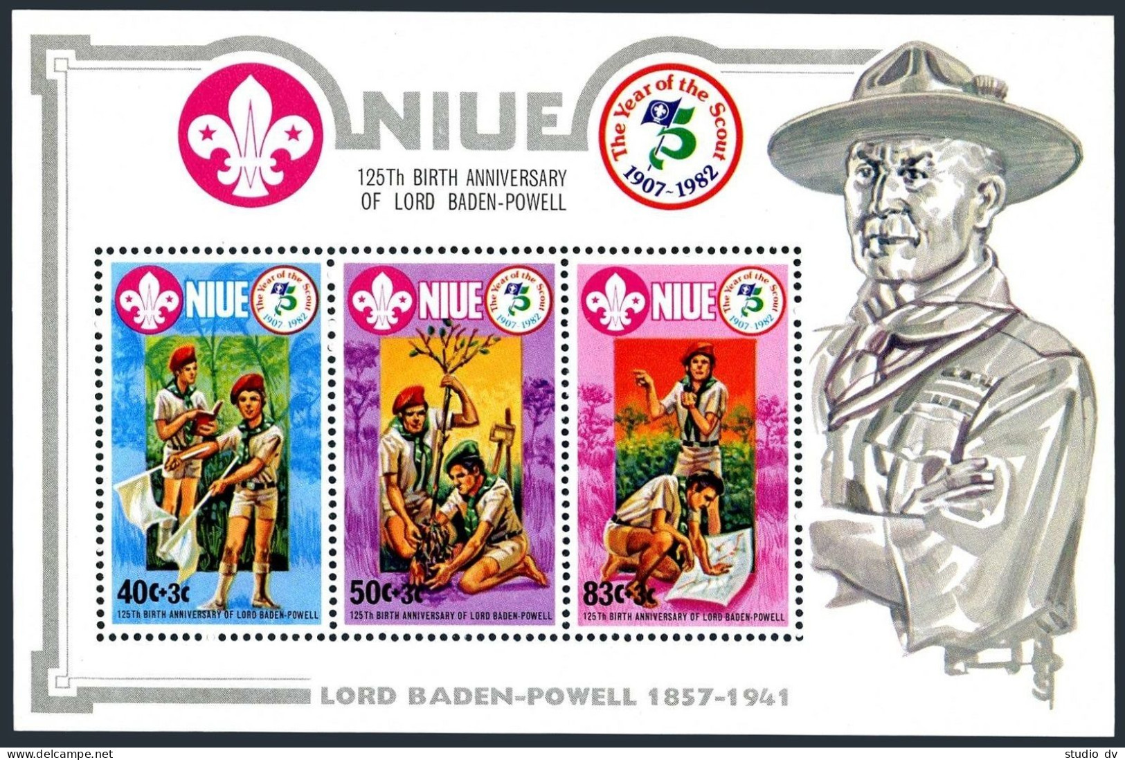Niue 375 Ac Sheet, MNH. Michel 493-495 Bl.64. Scouting Year 1982. Baden-Powell. - Niue