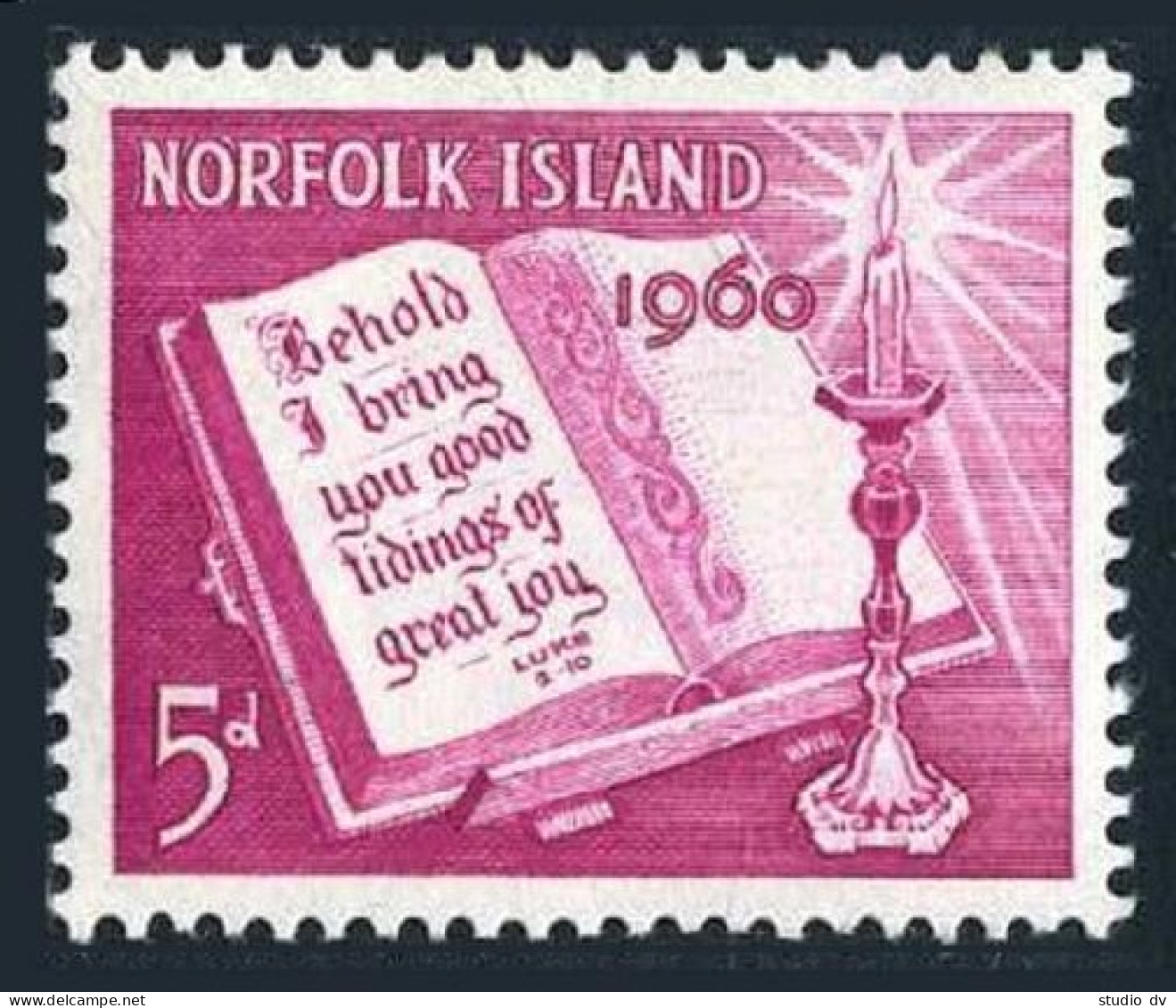 Norfolk 43, Lightly Hinged. Michel 41. Christmas 1960. Bible, Candle. - Isola Norfolk
