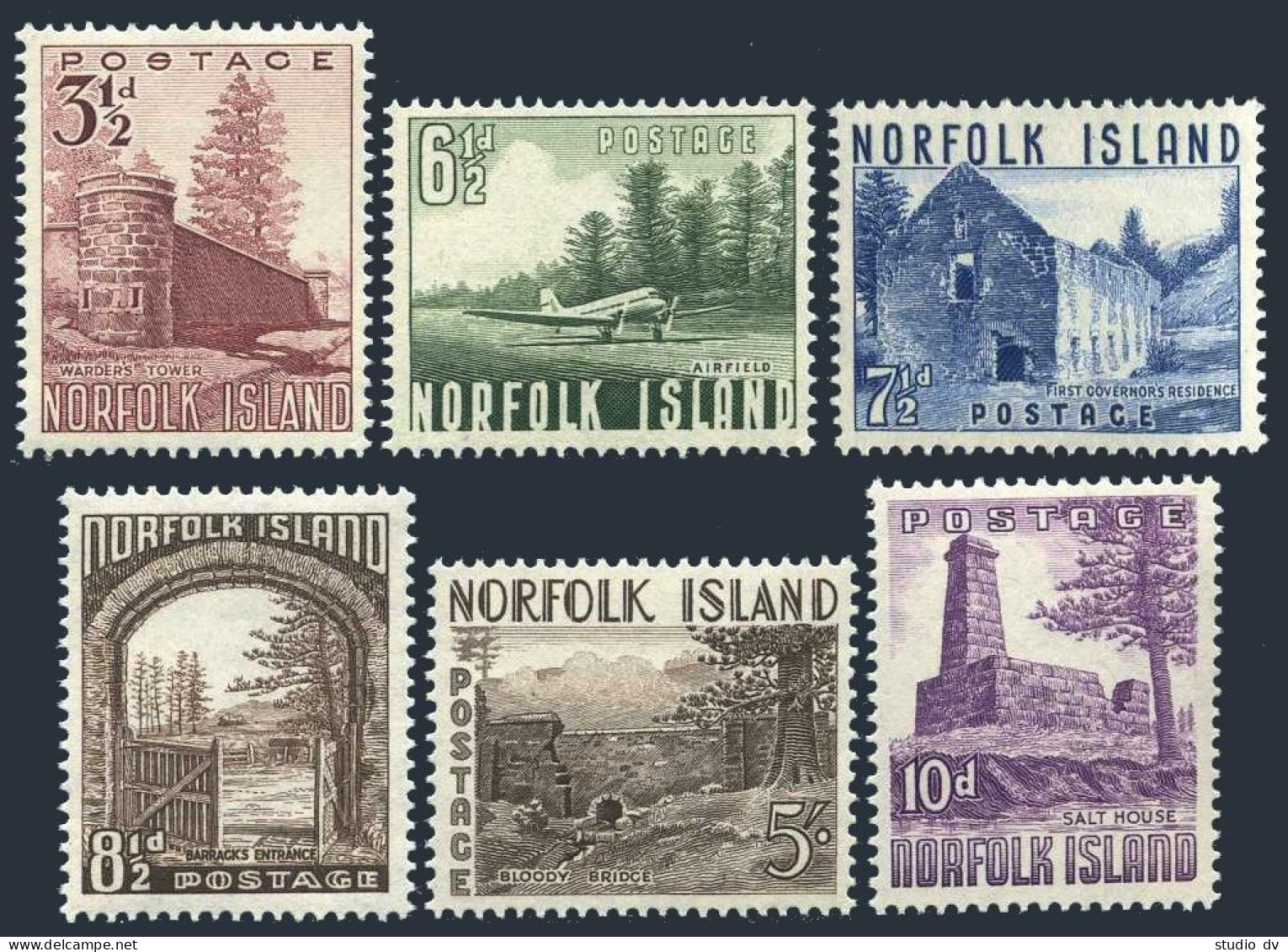 Norfolk 13-18, Lightly Hinged. Mi 15-20. Warders Tower, Airfield, Bridge, 1953. - Isla Norfolk