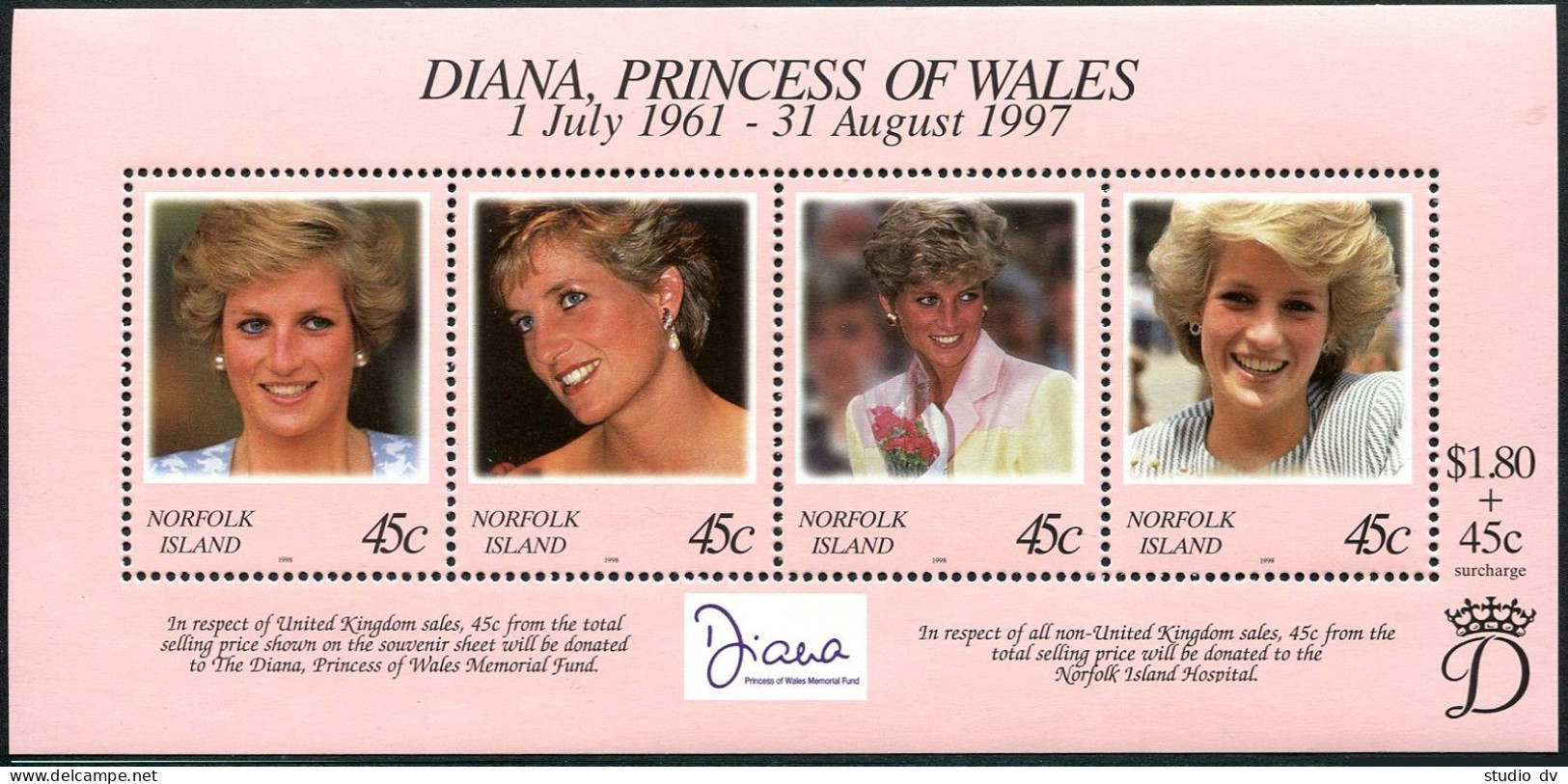 Norfolk 645 Ad Sheet, MNH. Princess Diana Memorial Issue 1998. - Norfolkinsel