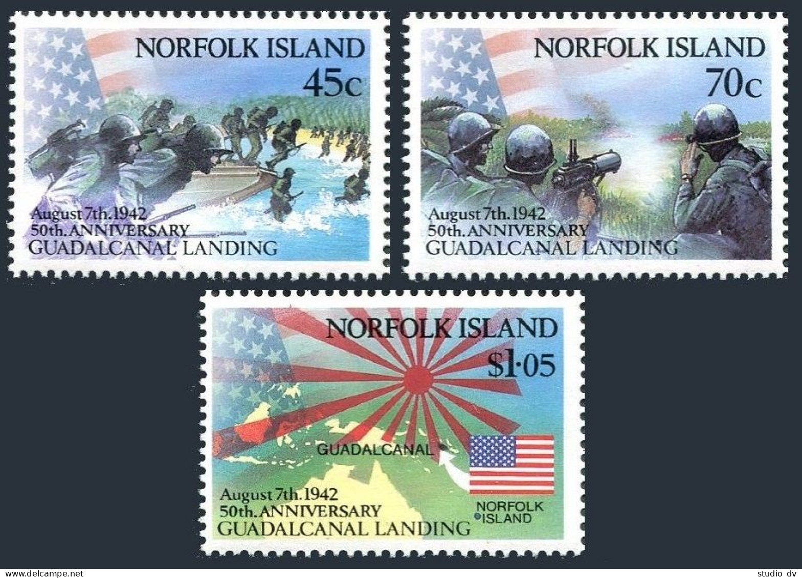 Norfolk 526-528, MNH. Mi 525-527. US Invasion Of Guadalcanal,50, 1992. Map,Flags - Ile Norfolk