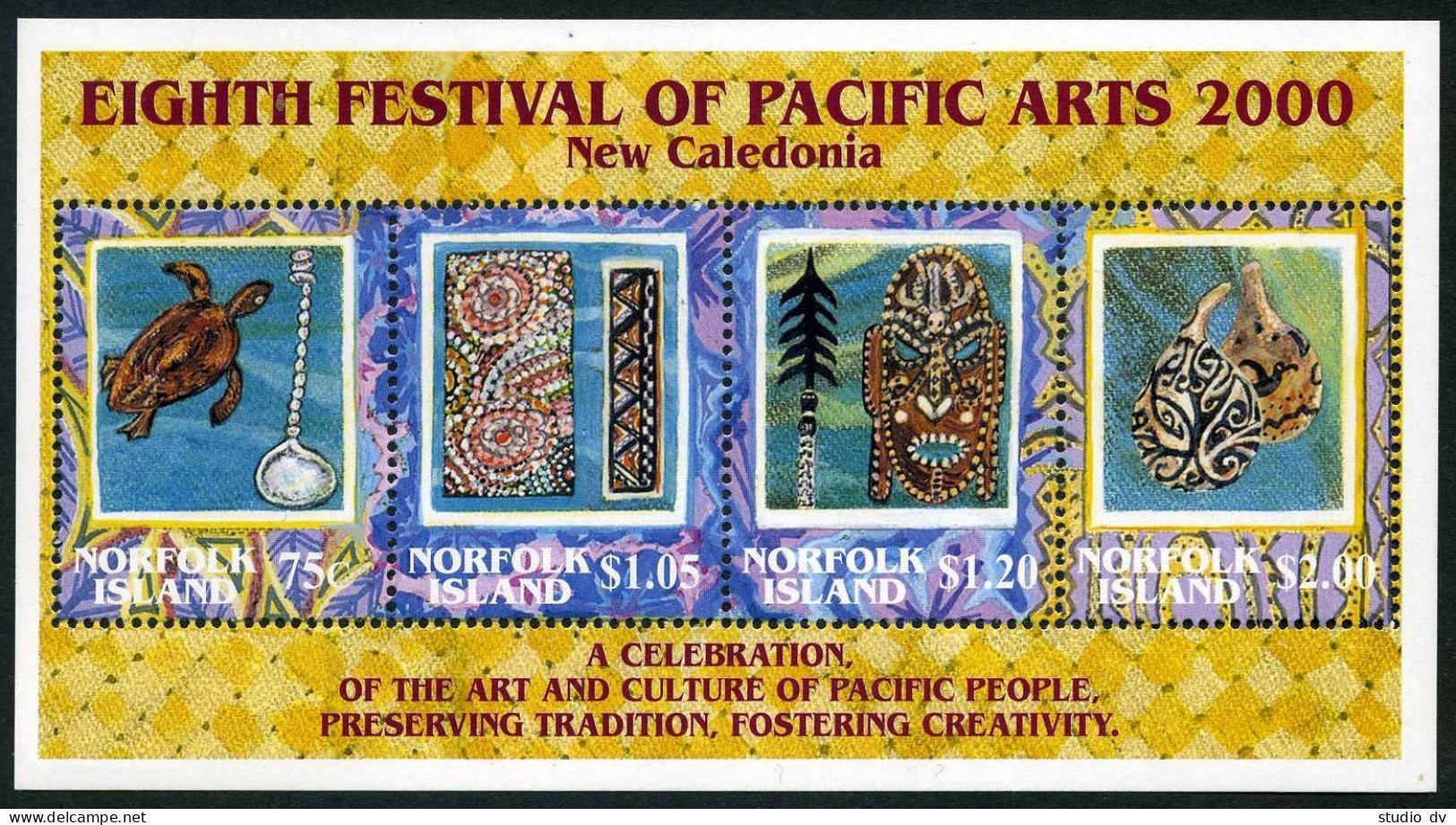 Norfolk 708 Sheet,MNH. Festival Of Pacific Art,2000.Turtle,Spear,Mask,Gourds. - Isola Norfolk