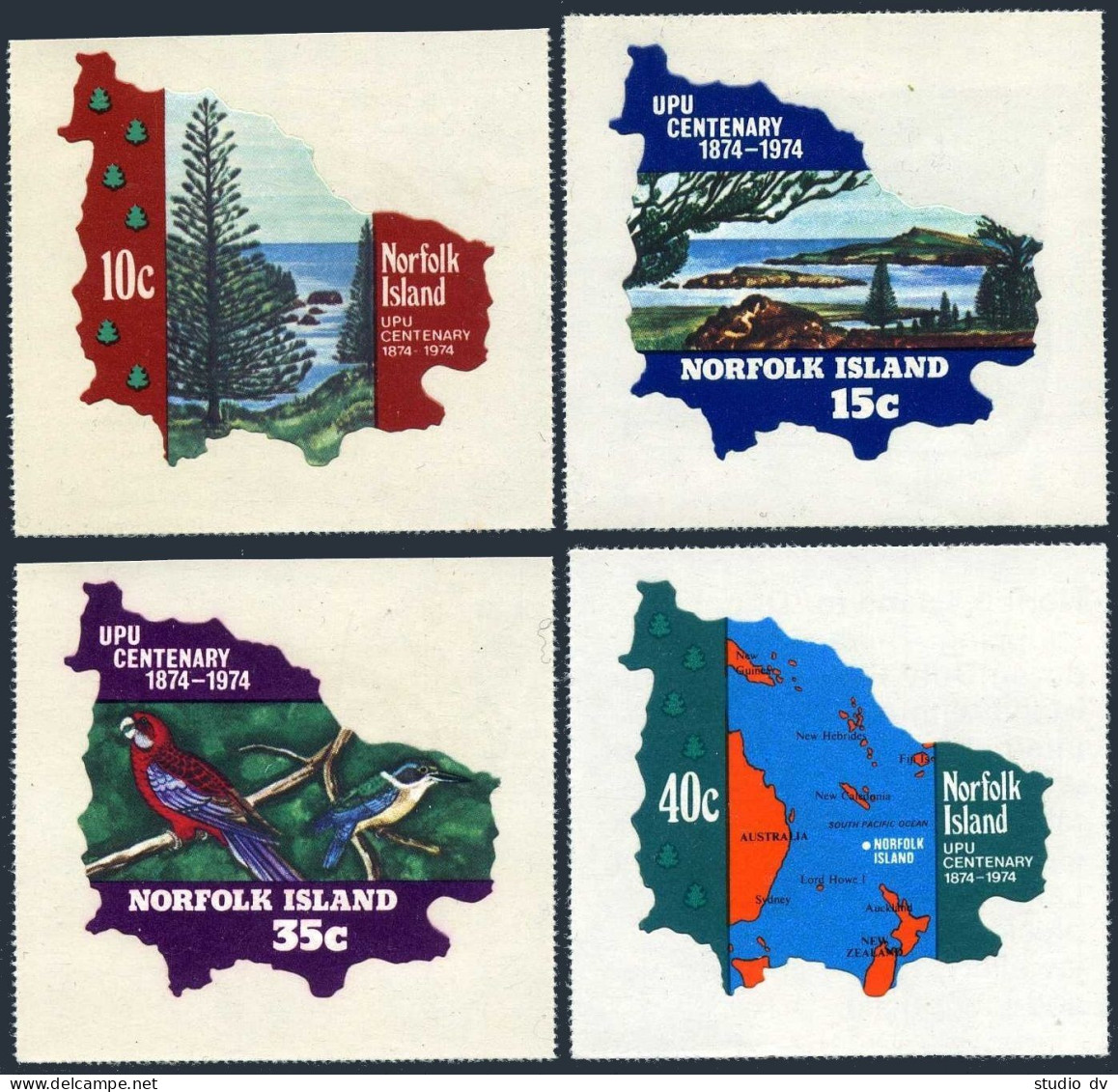 Norfolk 181-184, MNH. Mi 160-163. UPU-100, 1974. Pine, Off-shore Islands, Map. - Norfolk Island