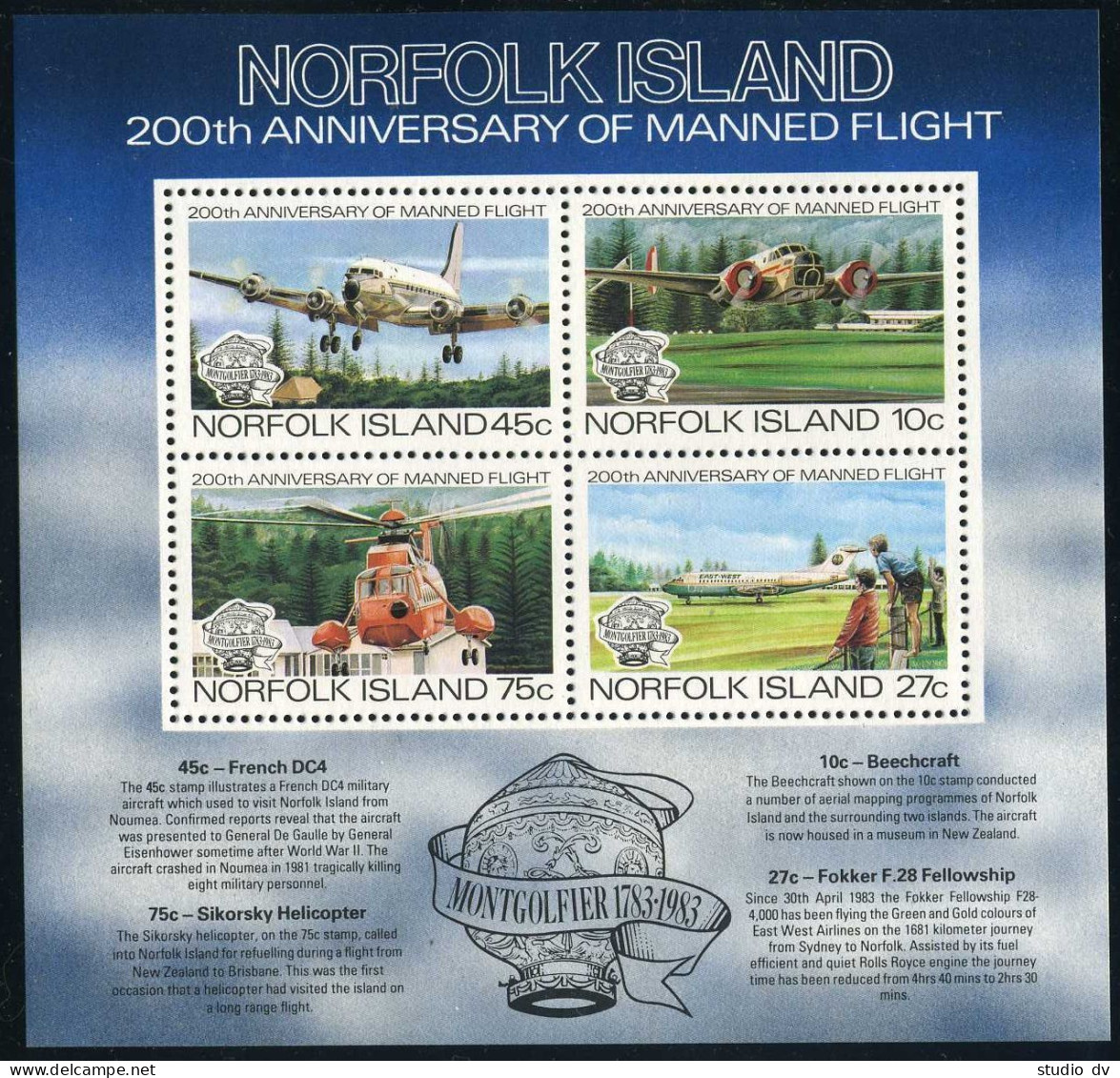 Norfolk 313a Sheet, MNH. Michel Bl.5. Manned Flight-200, 1983. Helicopter. - Norfolkinsel