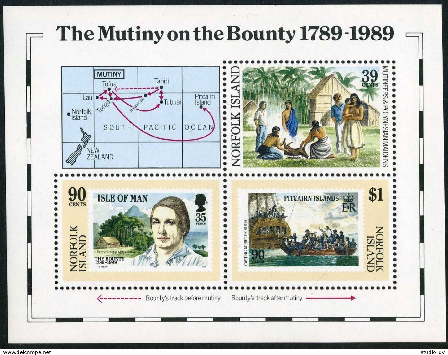 Norfolk 456 Sheet, MNH. Mi Bl.12. Mutiny On The Bounty, 200, 1989.Capt.Bligh.Map - Isola Norfolk