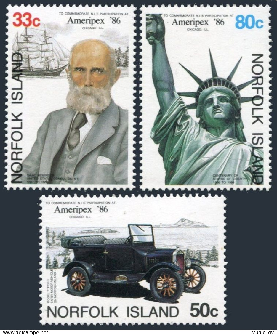 Norfolk 382-384, MNH. Mi 383-385.AMERIPEX-1986, Ship,Car Ford, Statue Of Liberty - Norfolkinsel