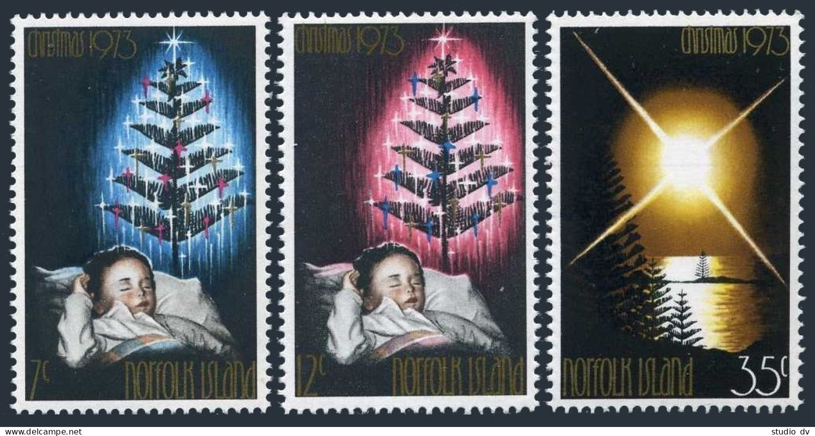 Norfolk 153-155, MNH. Mi 133-135. Christmas 1973. Sleeping Child, Tree, Lagoon. - Norfolkinsel