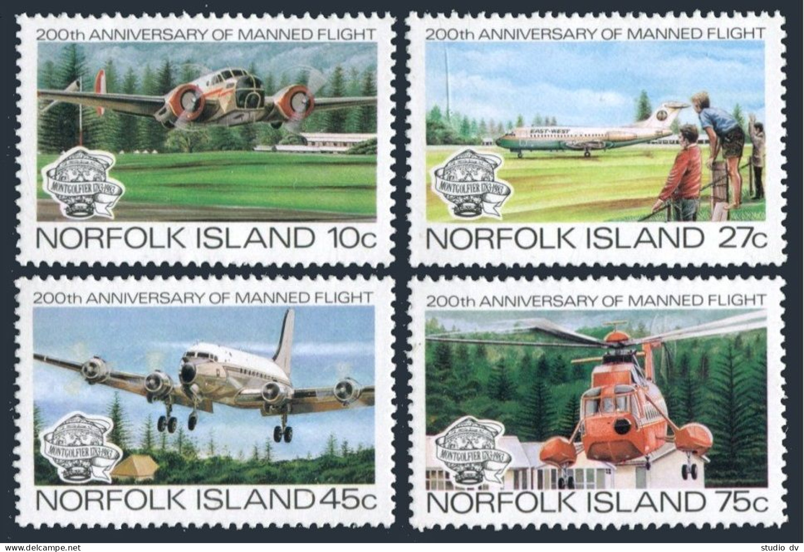 Norfolk 310-313,313a,MNH.Mi 306-309,Bl.5.Manned Flight,200,1983.Helicopter,Plane - Norfolkinsel