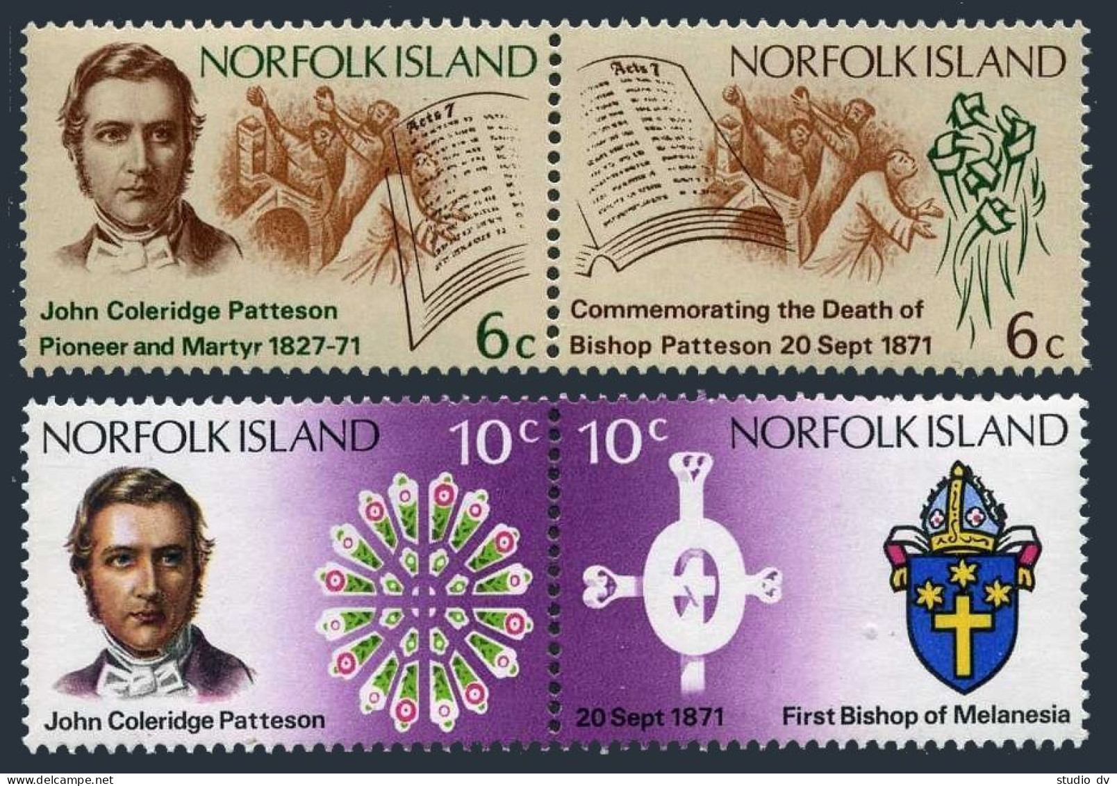 Norfolk 144-147a Pairs, MNH. Mi 124-127. Bishop John Patterson, 1971. Arms,Bible - Isola Norfolk