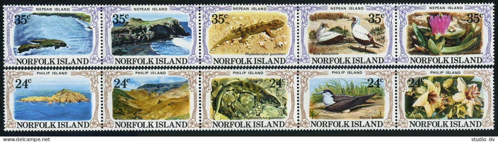 Norfolk 288-289 Strips, MNH. Mi 276-285. Nepean, Philip Islands Views,1982. Bird - Norfolk Eiland