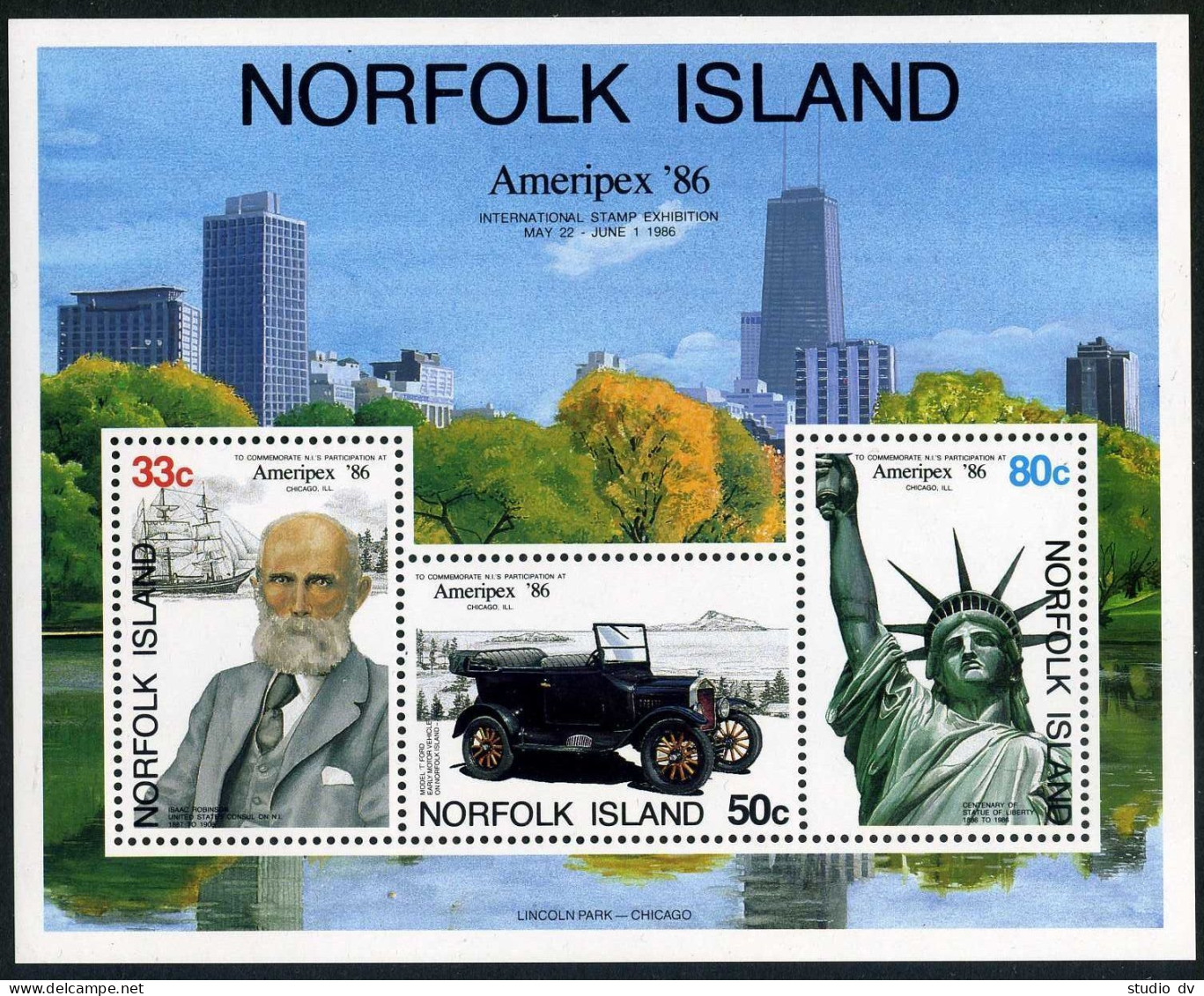 Norfolk 382-384,384a, MNH. Mi 383-385, Bl.10. AMERIPEX-1986. Ship, Car, Liberty. - Isola Norfolk