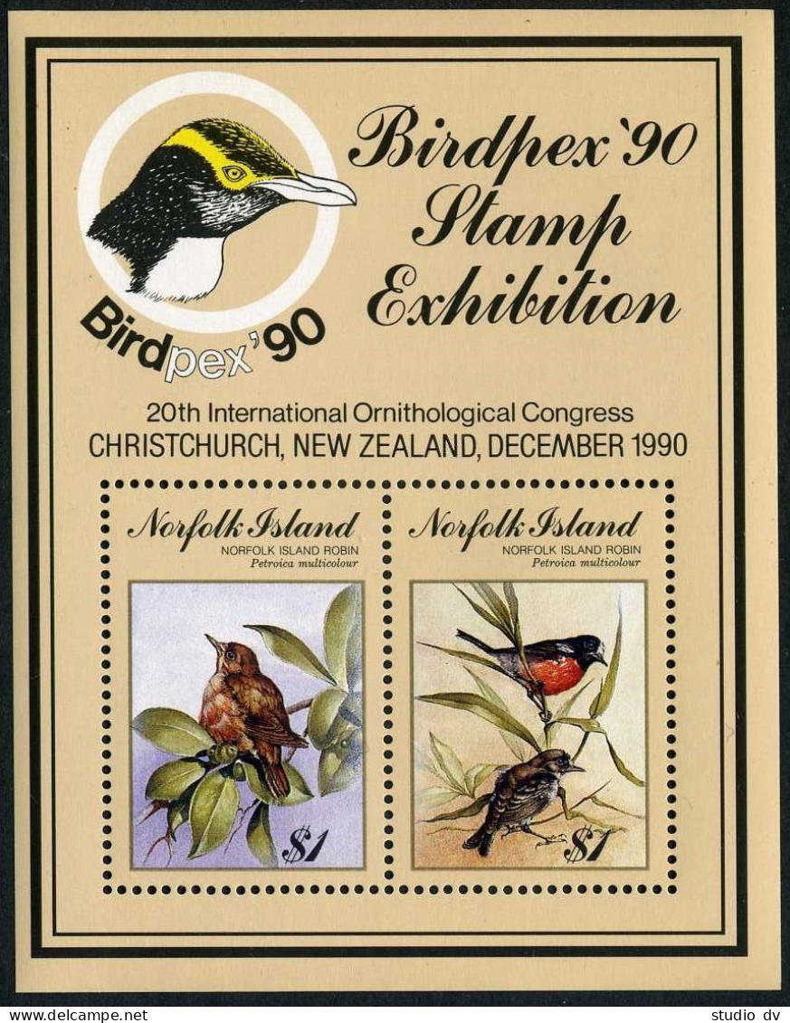 Norfolk 497-499,500,MNH. Mi 490-492,Bl.13. Birdpex-1990 Stamp Exhibition,Robins. - Isla Norfolk