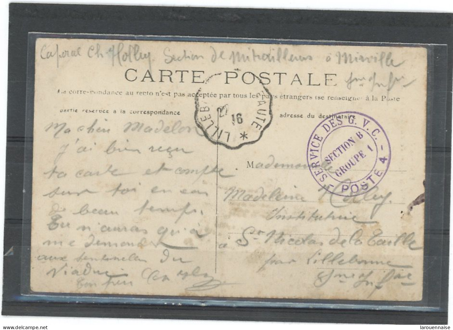 CACHET MILITAIRE -76 MIRVILLE -CP  FRAPPE SUP -DOUBLE CERCLE VIOLET , 29mm -SERVICE DES G.V.C / -POSTE 4- - WW I