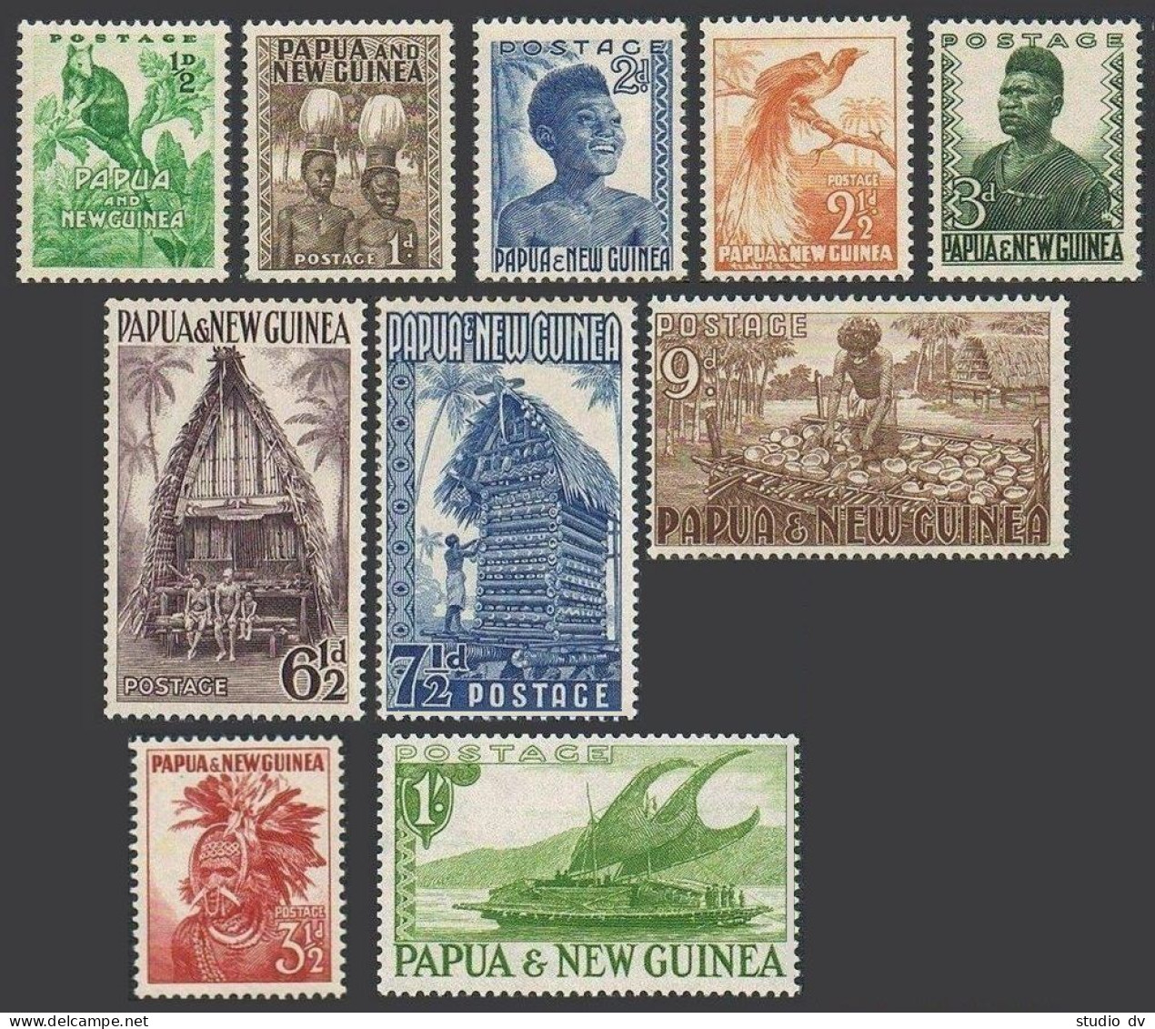 Papua New Guinea 122-131, MNH. Kangaroo, Bird, Headdress, Canoe, Houses, 1952. - Papua New Guinea