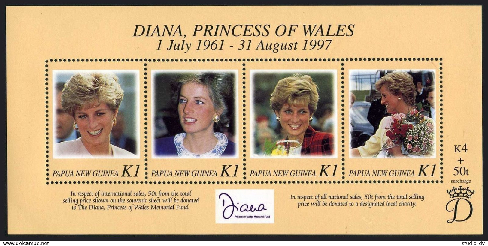Papua New Guinea 937 Ad Sheet, MNH. Diana, Princess Of Wales, Memorial 1998. - Papouasie-Nouvelle-Guinée