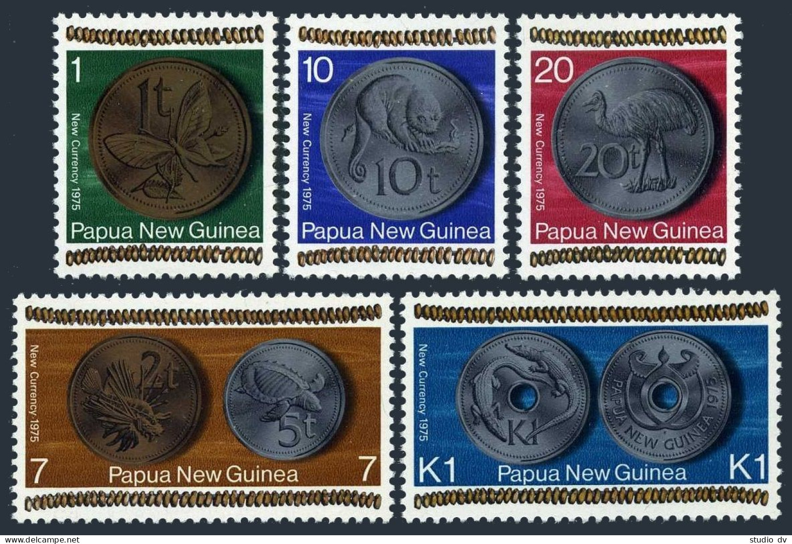 Papua New Guinea 410-414, Hinged. Mi 283-288. Coinage 1975. Butterfly, Turtle, - Papouasie-Nouvelle-Guinée