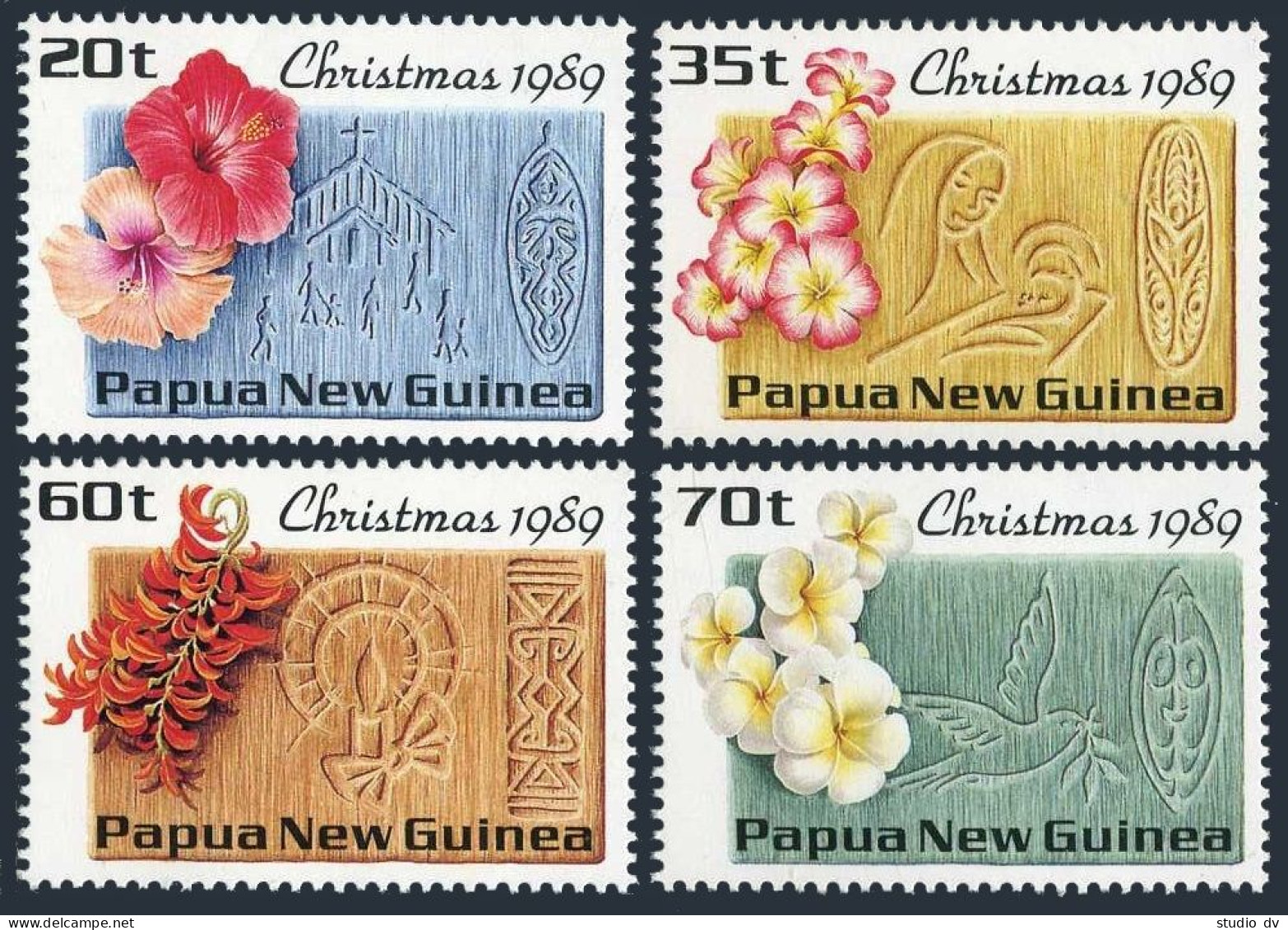 Papua New Guinea 725-728, MNH. Mi 606-609. Christmas 1989. Flowers, Church,Dove, - Papouasie-Nouvelle-Guinée