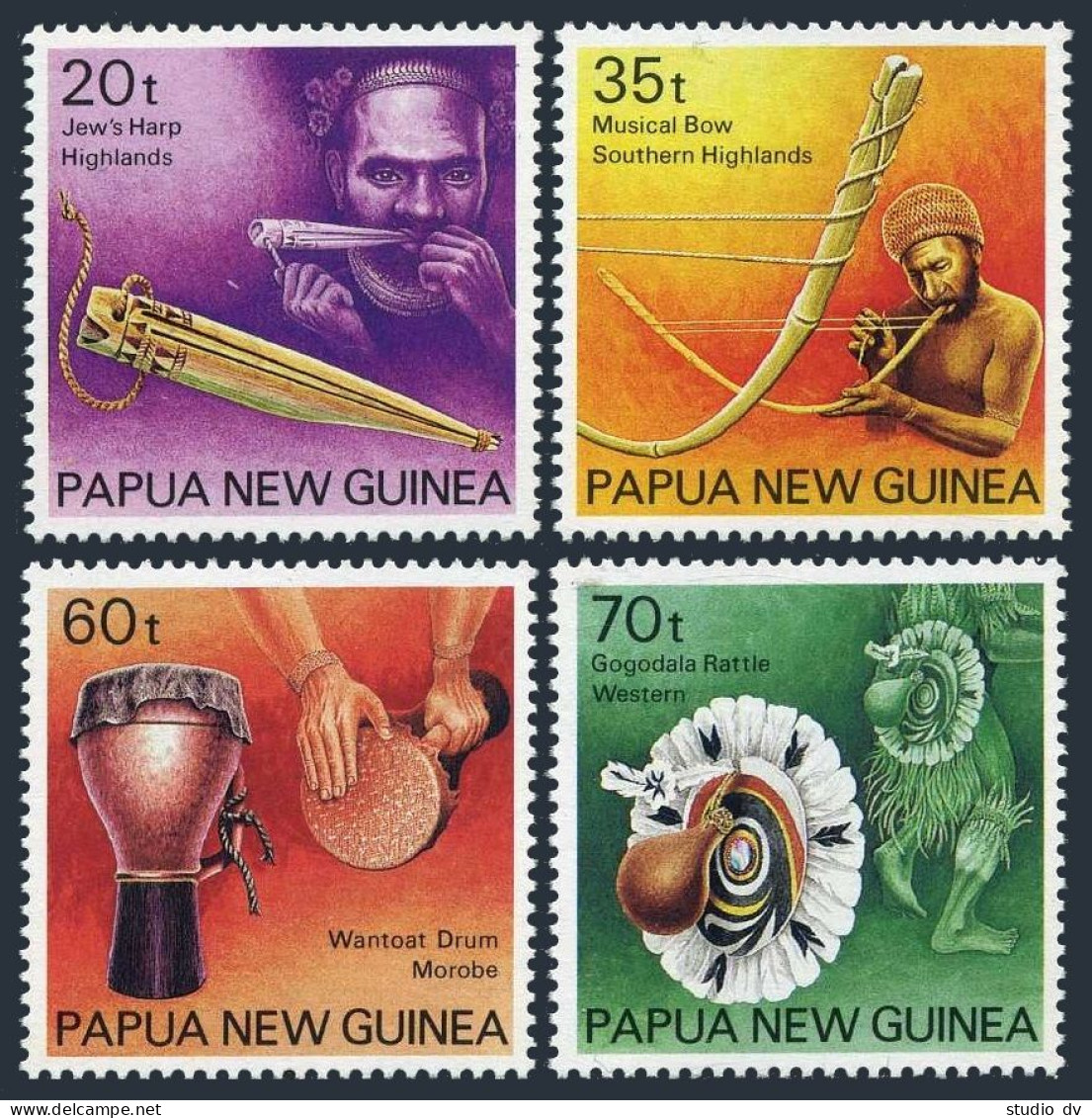 Papua New Guinea 746-749,MNH.Mi 627-630. Musical Instruments,1990.Jew's Harp,Bow - Papua-Neuguinea