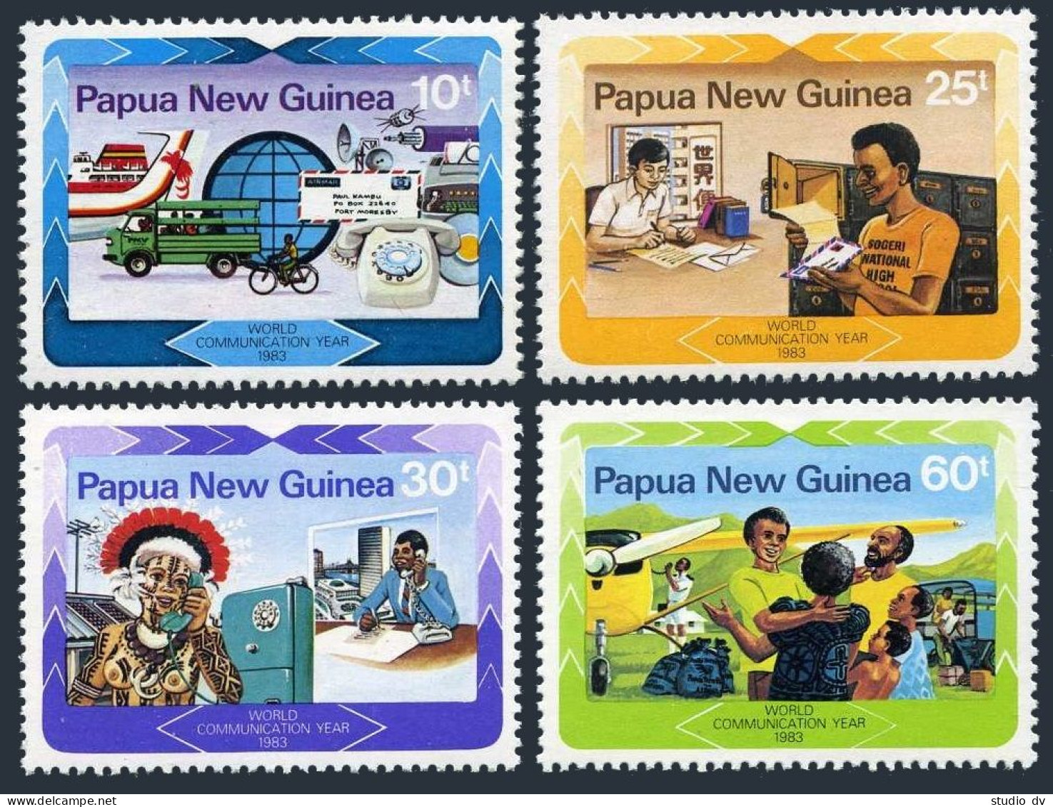 Papua New Guinea 584-587, MNH. World Communication Year WCY-1983. Plane, Track. - Papouasie-Nouvelle-Guinée