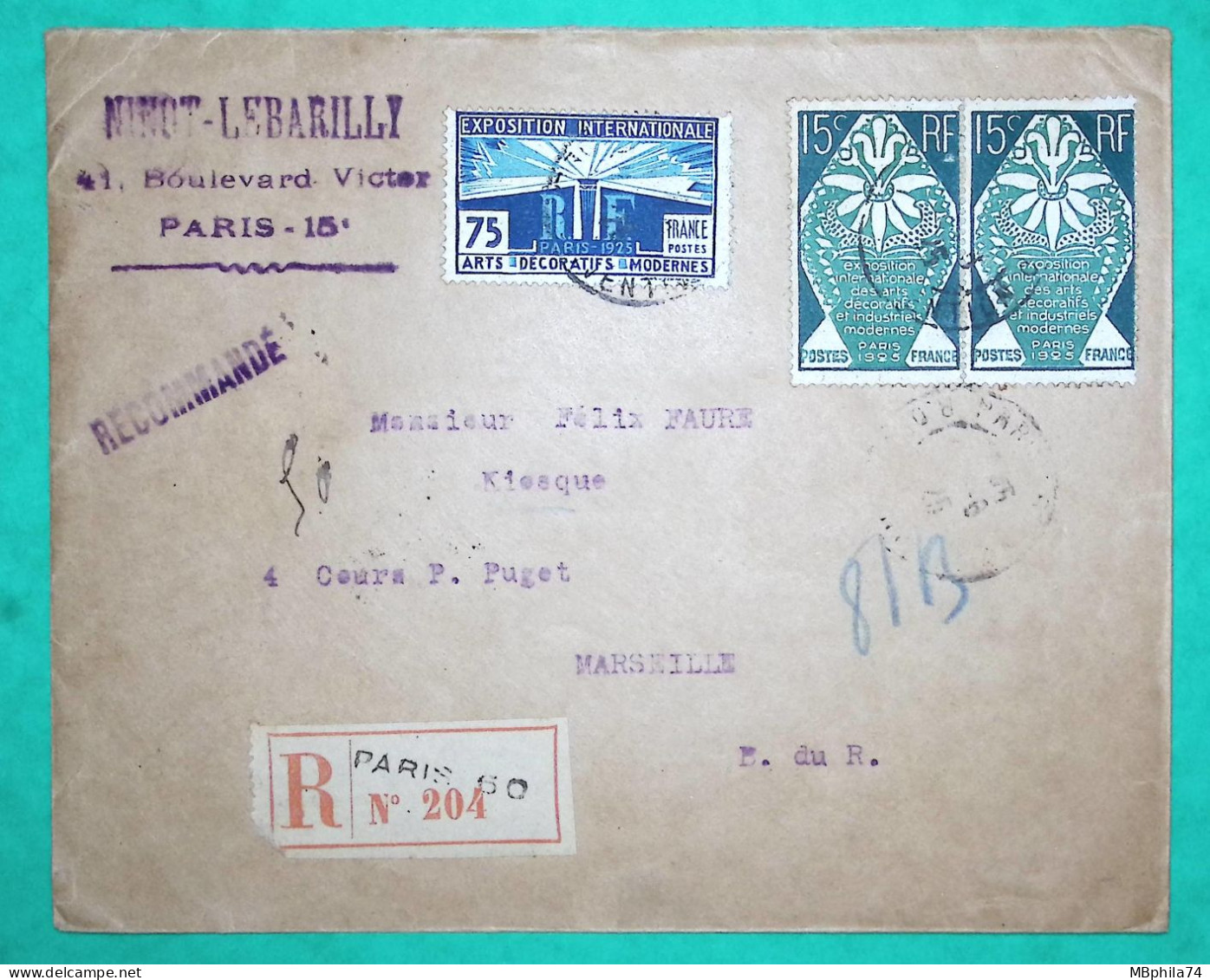 N°211 X2 + 215 ARTS DECORATIFS RECOMMANDE PARIS POUR MARSEILLE + VIGNETTE EXPOSITION PHILATELIQUE INTERNATIONALE 1925 - 1921-1960: Periodo Moderno