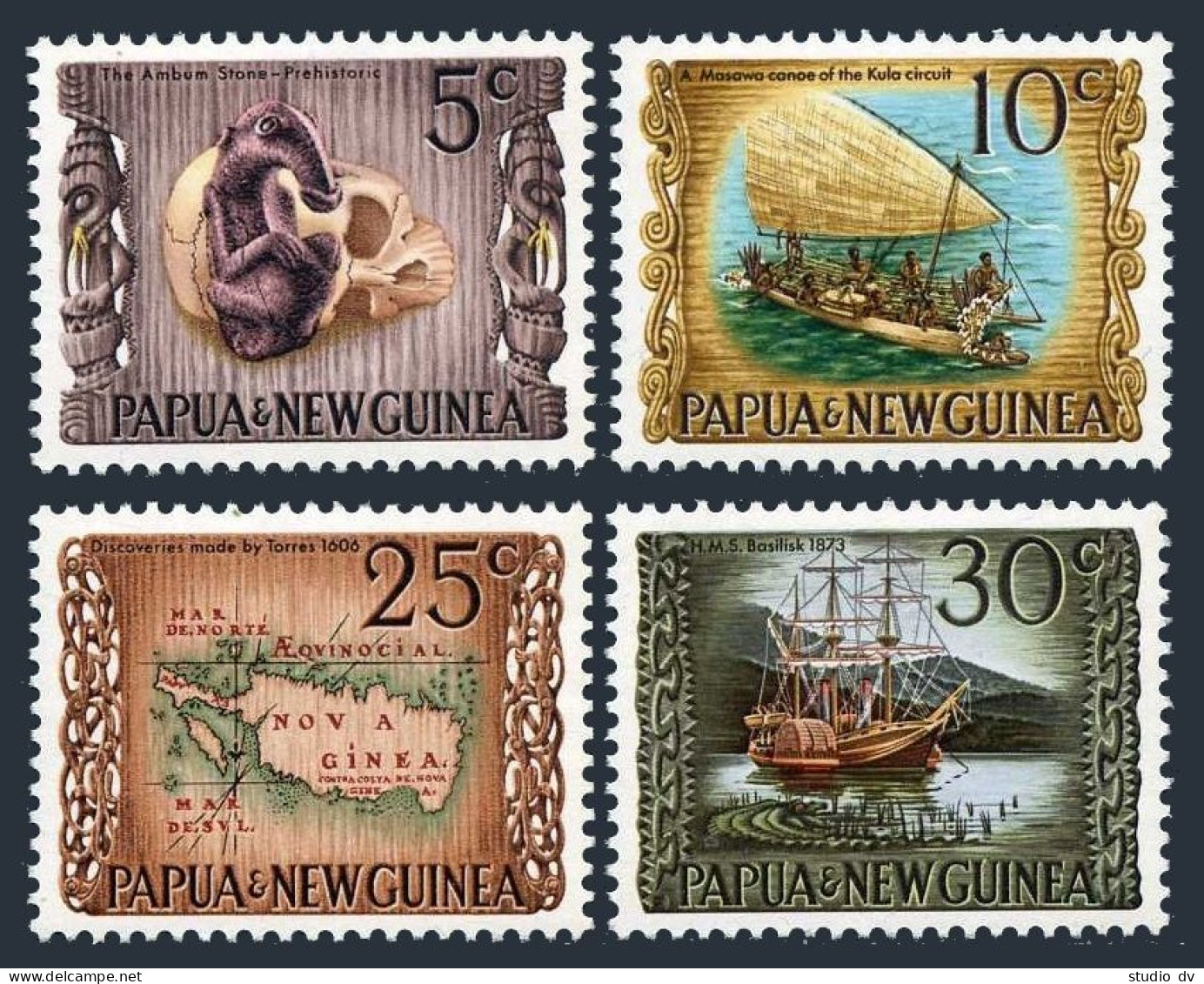 Papua New Guinea 297-300, MNH. Prehistoric Ambum Stone, Skull, Masava Canoe,Map. - Papoea-Nieuw-Guinea