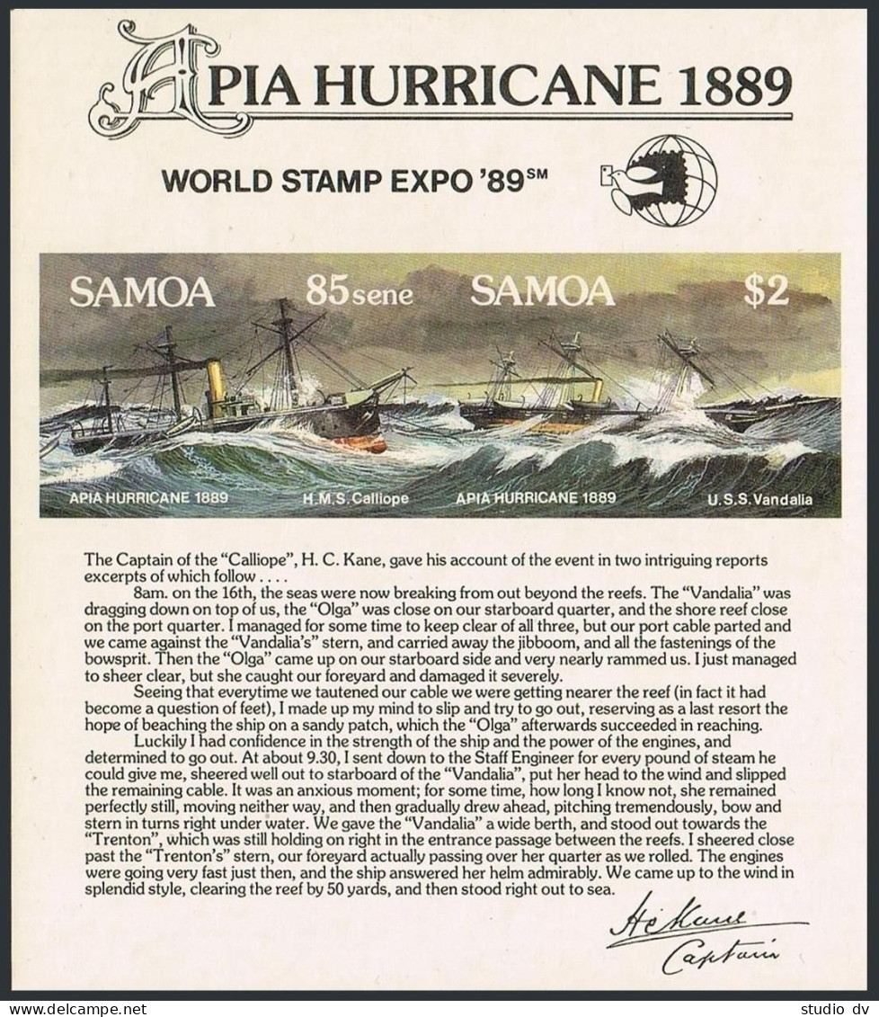 Samoa 755e, MNH. Michel Bl.47. Apia Hurricane, Ships. PhilEXPO-1989. - Samoa (Staat)