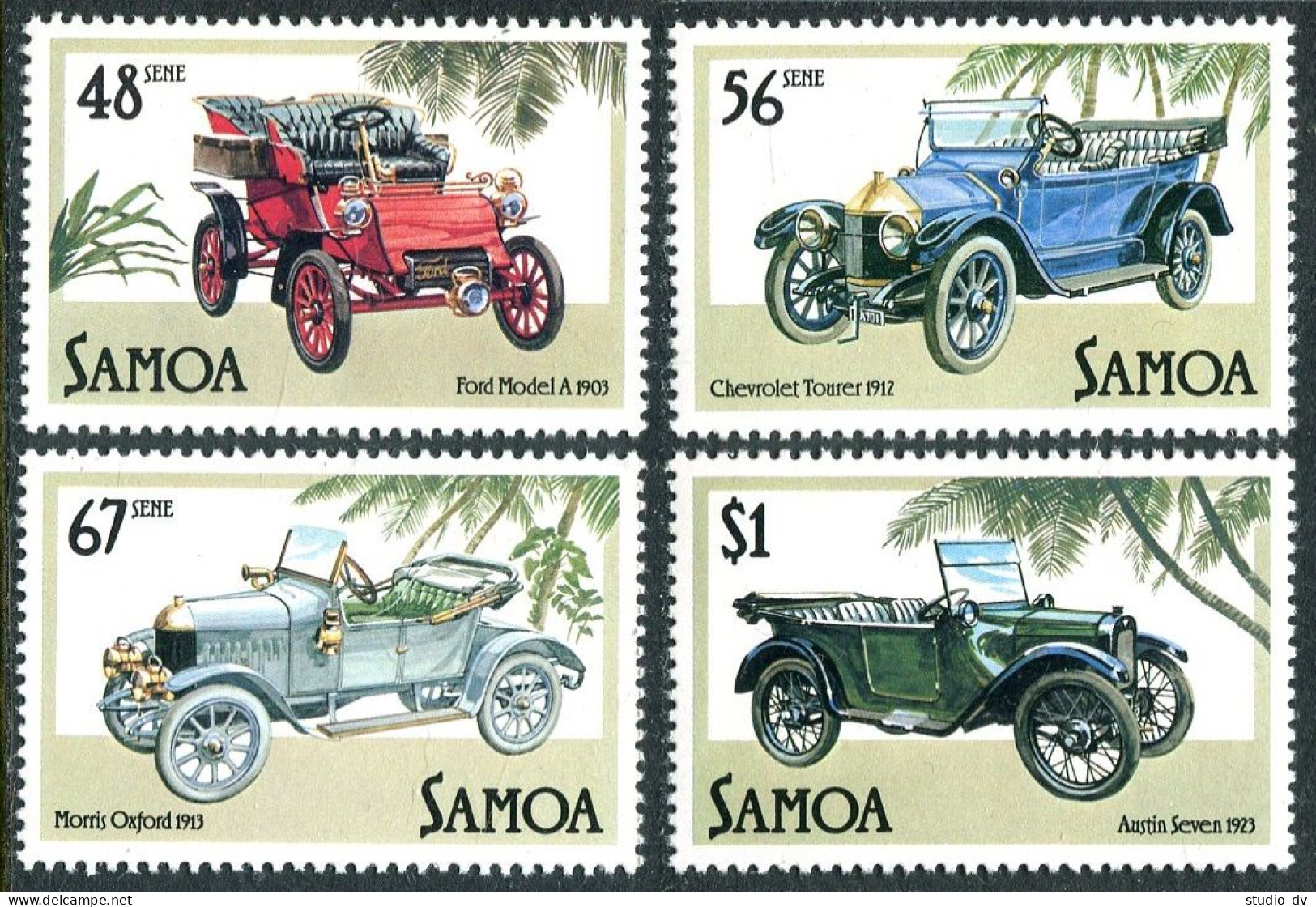 Samoa 641-644, MNH. Mi 557-560. Vintage Automobiles, 1985. Ford,Chevrolet,Austin - Samoa