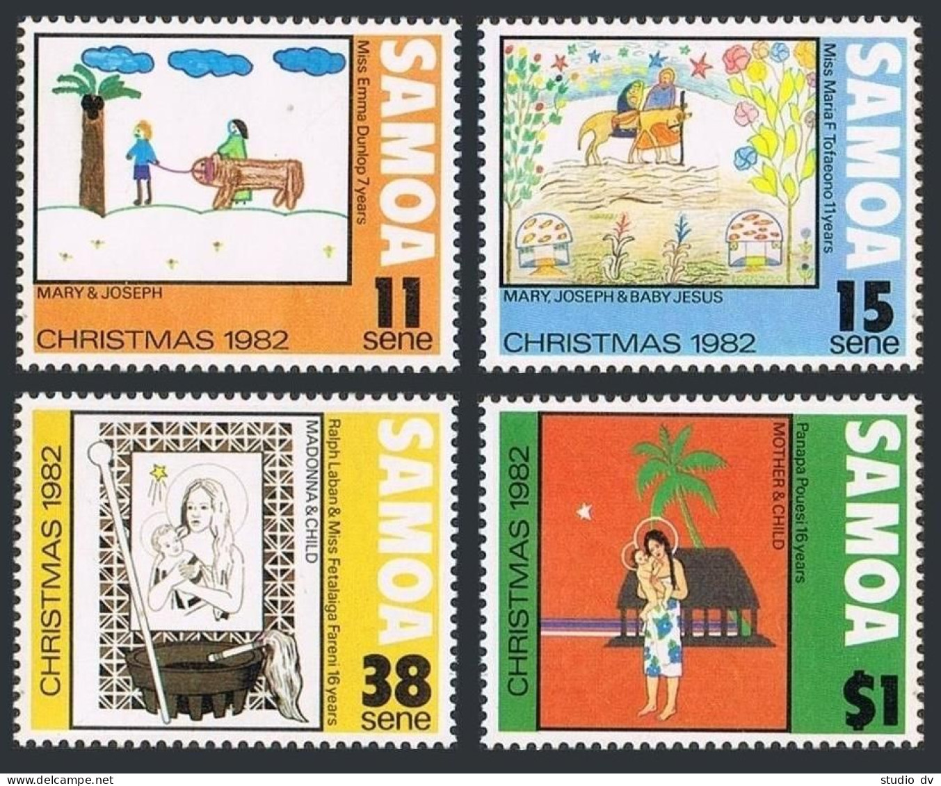 Samoa 583-586, 586a, MNH. Mi 490-493, Bl.29. Christmas 1982. Child Drawings. - Samoa