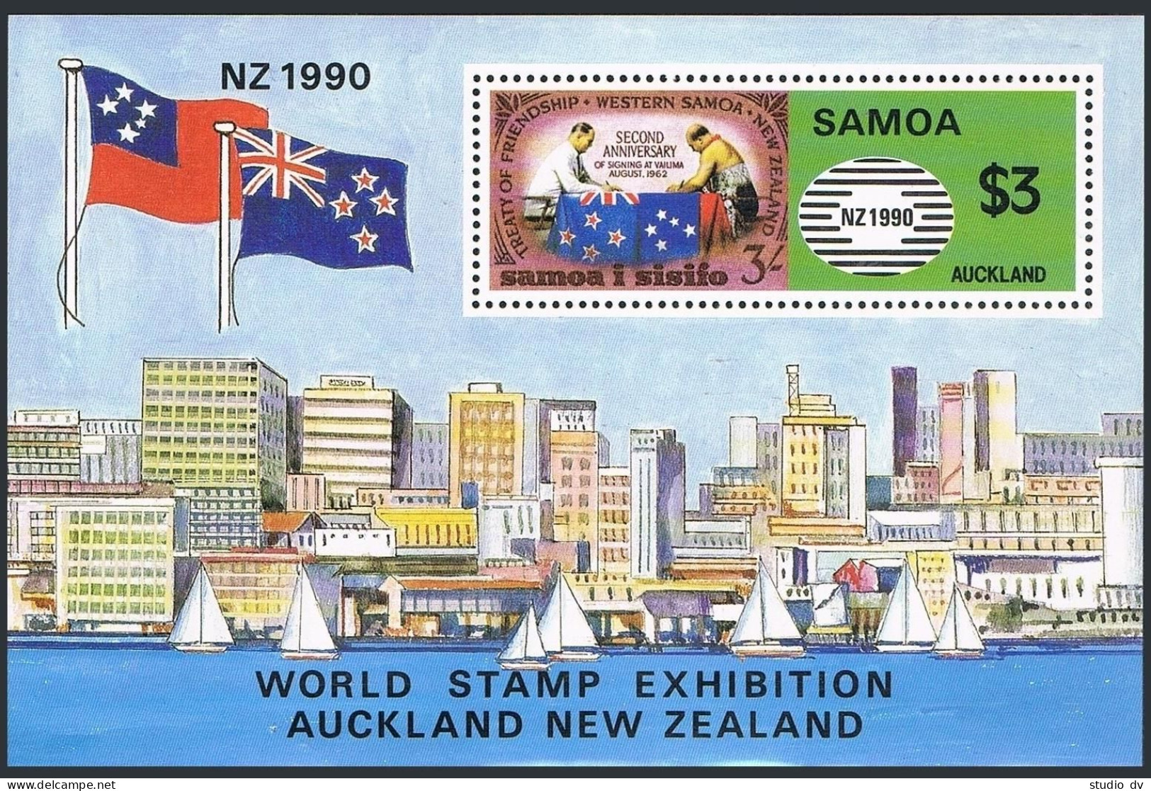 Samoa 780, MNH. Michel 707 Bl.48. New Zealand-1990. City, Sailboats. - Samoa