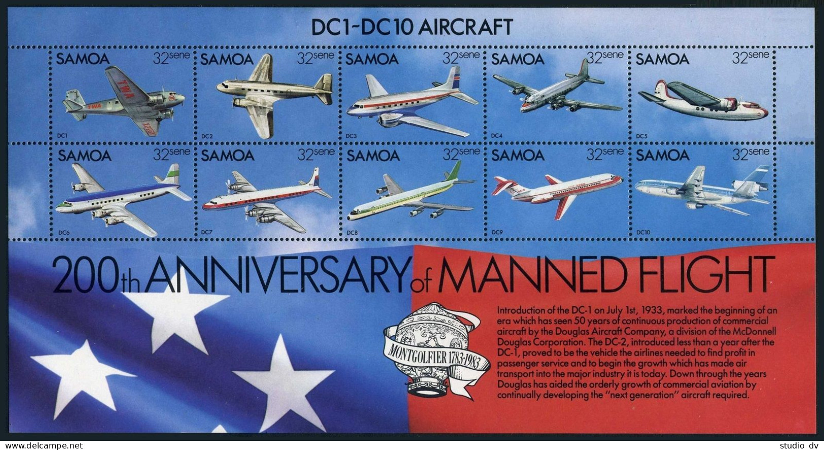 Samoa 591 Aj Sheet, MNH. Mi 498-507 Bl.30. Manned Flight-200, 1983. Aircraft. - Samoa