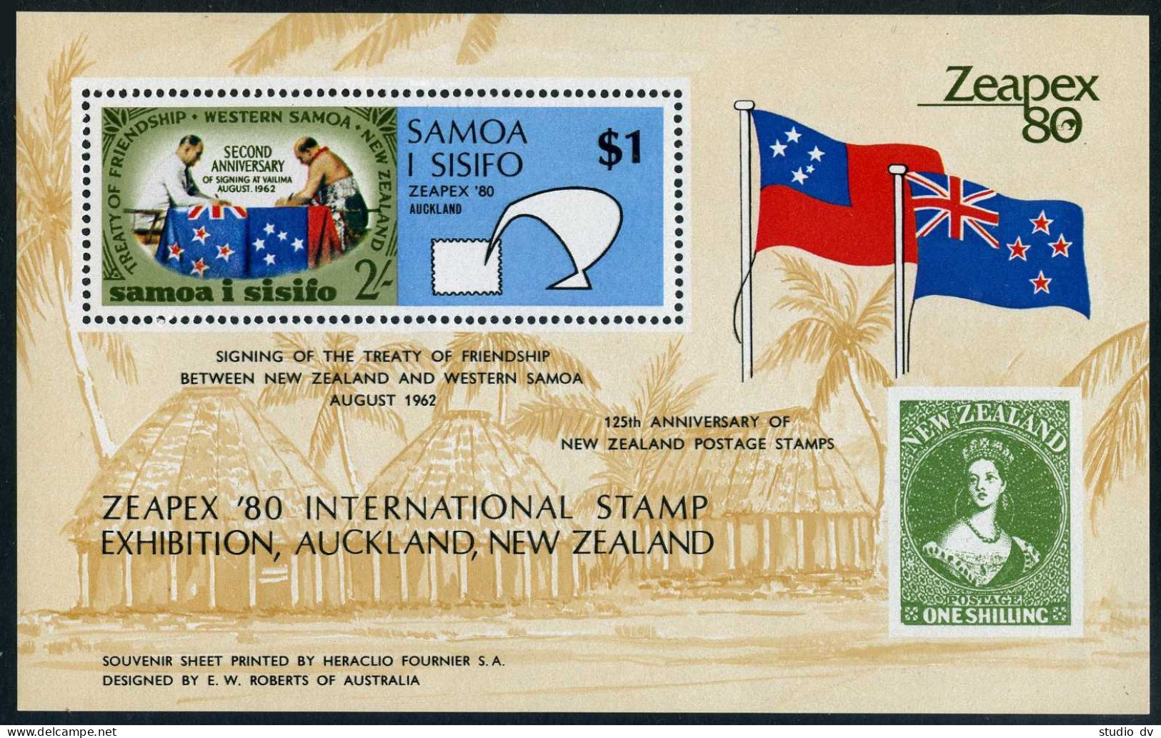 Samoa 533, MNH. Michel 435 Bl.22. ZEAPEX-1980. Flags. Symbolic Bird. - Samoa