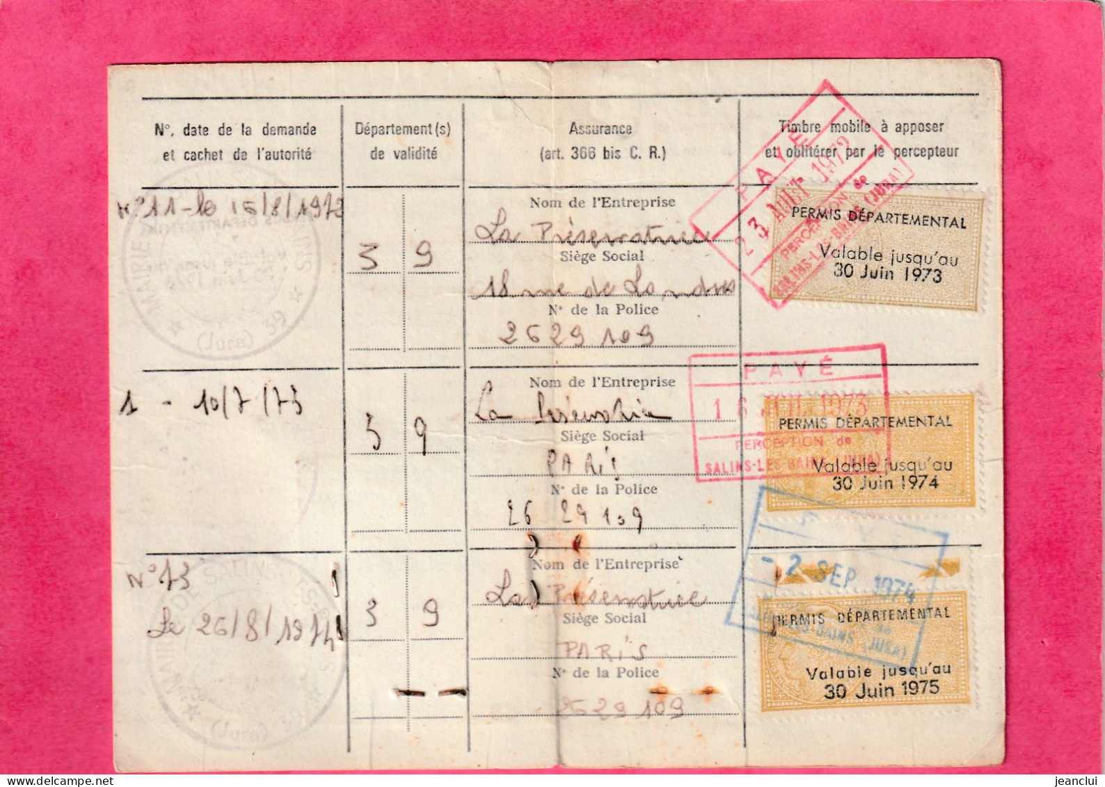 PERMIS DE CHASSE . SALINS-LES-BAINS . 1973 A 1975 .  2 SCANNES - Membership Cards