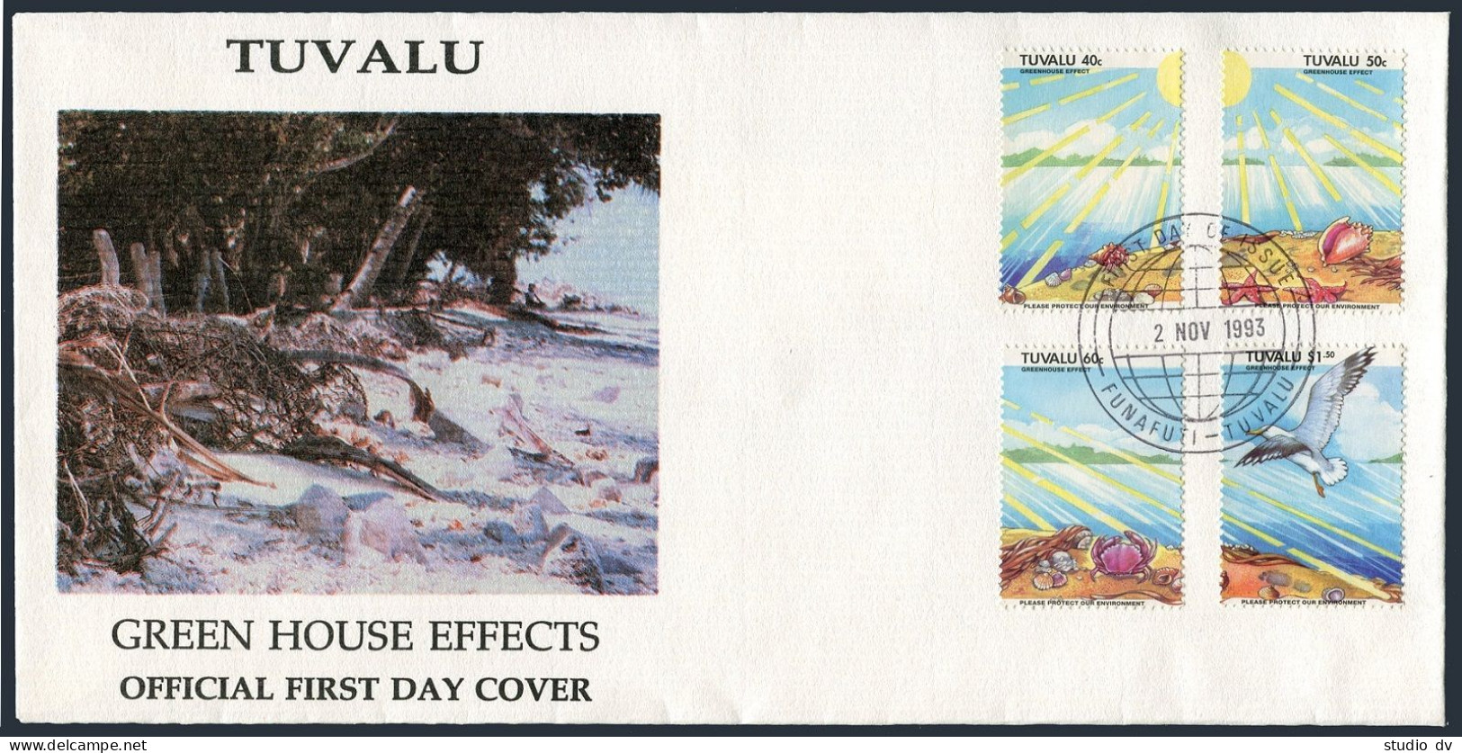 Tuvalu 649-652, FDC. Mi 670-673. Greenhouse Effect, 1993. Beach Scene. Bird, Sun - Tuvalu