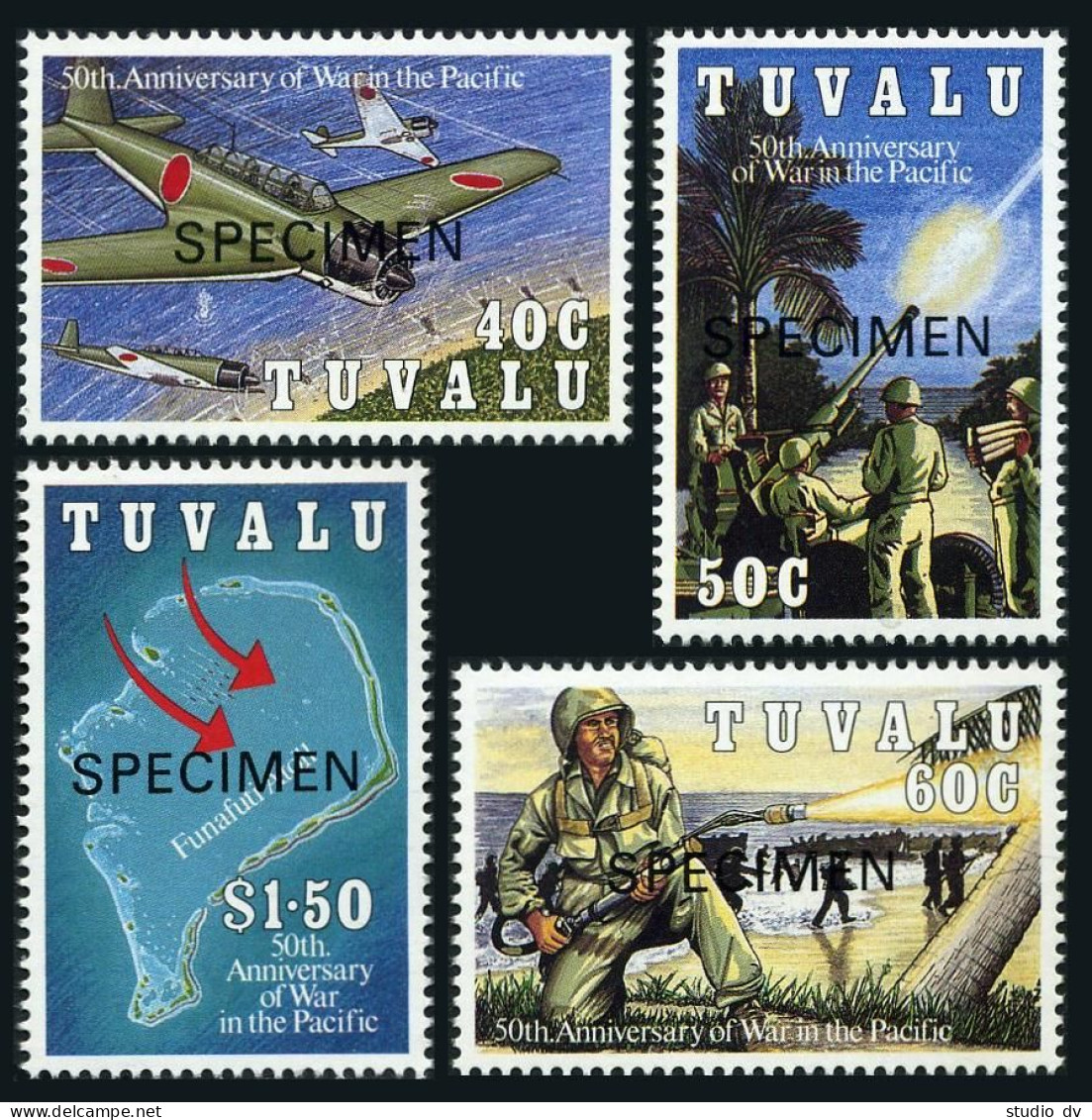 Tuvalu 633-636 SPECIMEN,MNH.Mi 654-657. WW II In The Pacific,50.1993.Scenes,map. - Tuvalu (fr. Elliceinseln)