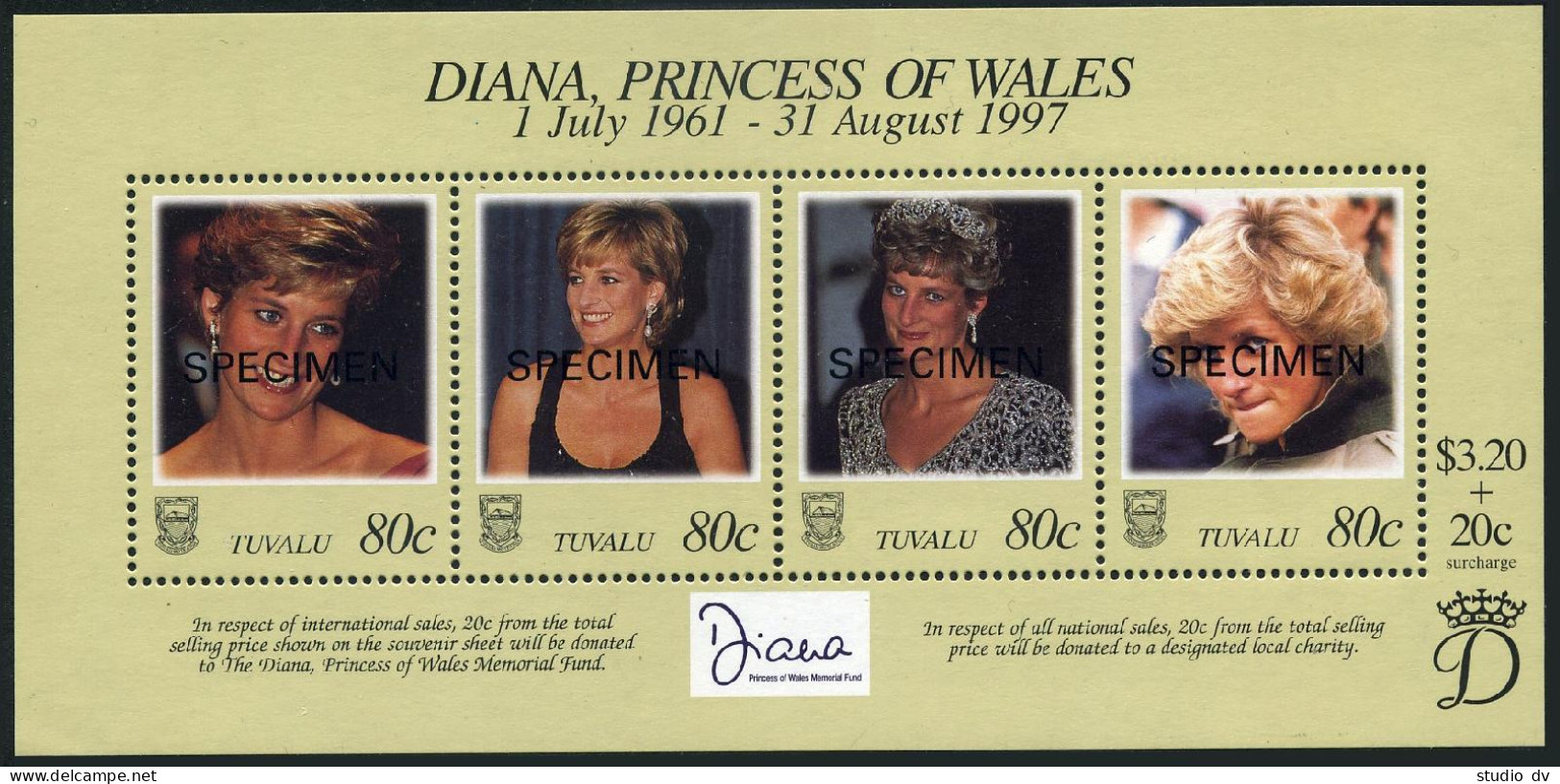 Tuvalu 762 SPECIMEN, MNH. Michel Bl.62. Diana, Princess Of Wales,1961-1997.1998. - Tuvalu