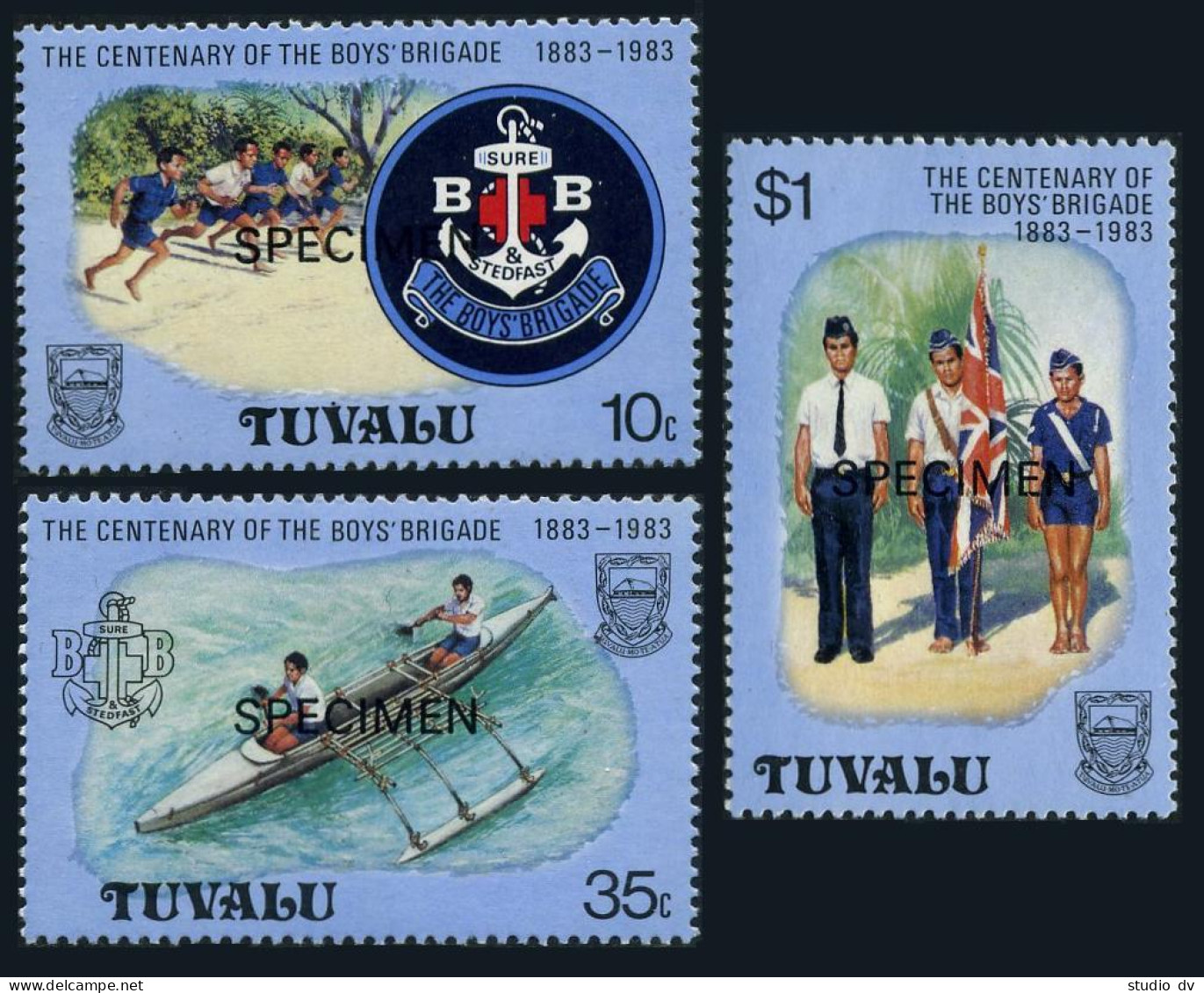 Tuvalu 204-206 SPECIMEN,MNH. Mi 194-196. Boy's Brigade,1983:Badge,Running,Canoe, - Tuvalu (fr. Elliceinseln)