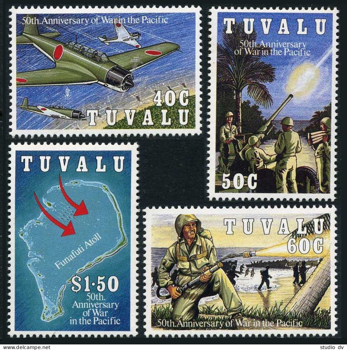 Tuvalu 633-636, MNH. Mi 654-657. WW II In The Pacific, 50th Ann.1993. Scenes,map - Tuvalu (fr. Elliceinseln)