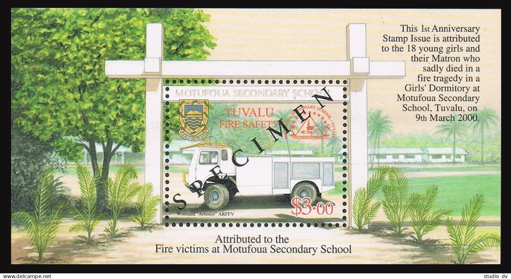 Tuvalu 854 SPECIMEN,MNH. Motofoua Secondary School Fire,1st Ann.2001.Wormold. - Tuvalu (fr. Elliceinseln)