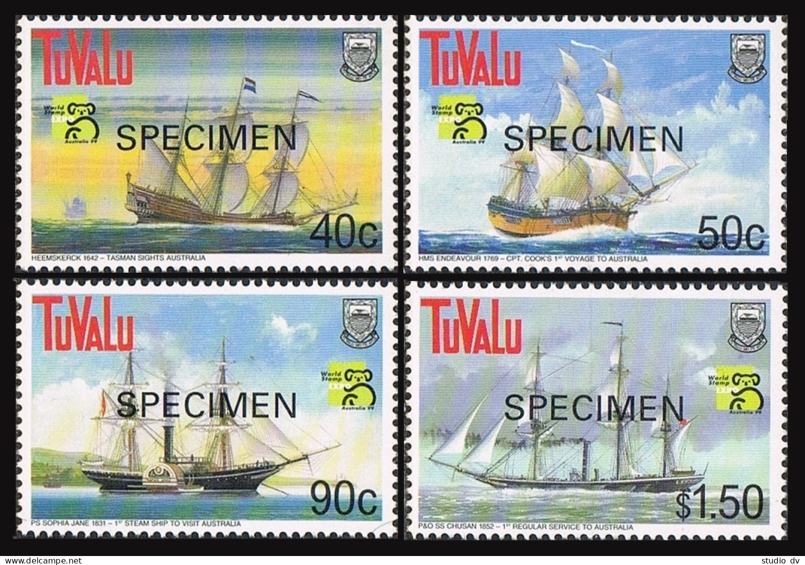 Tuvalu 790-794 SPECIMEN,MNH. Mi 823-826,Bl.67. AUSTRALIA-1999.Maritime History. - Tuvalu (fr. Elliceinseln)