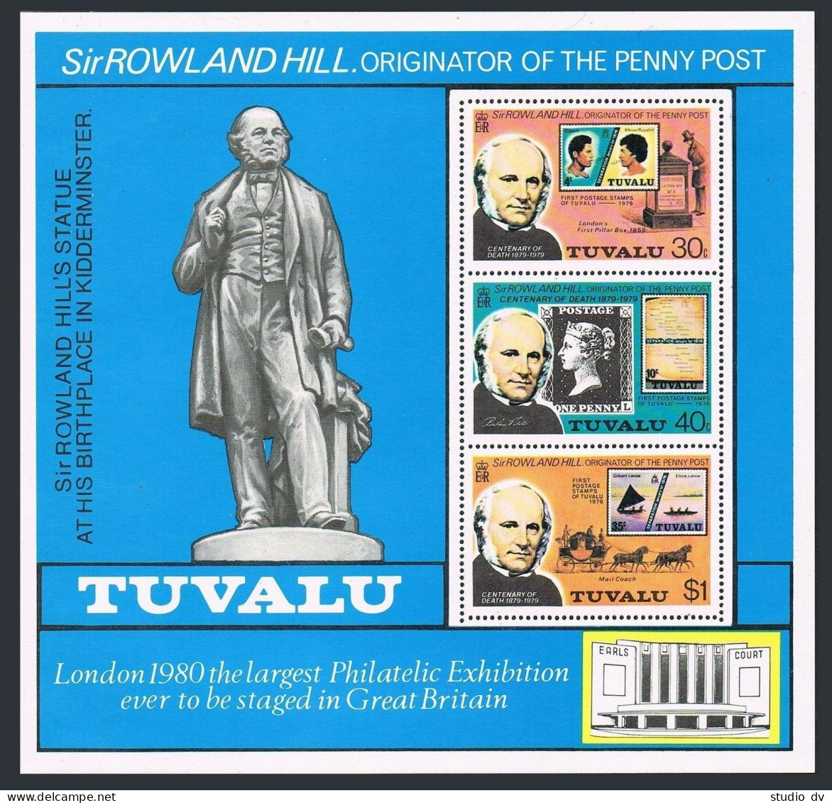 Tuvalu 124a Sheet, MNH. Michel Bl.3. Rowland Hill, 1979. Canoes, Map, Coach. - Tuvalu