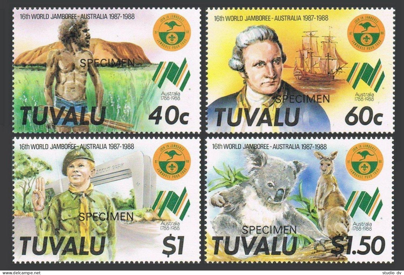 Tuvalu 460-464 SPECIMEN,MNH.Michel 480-483,Bl.31. Scouts 1987.Cook,Ship,Animals. - Tuvalu