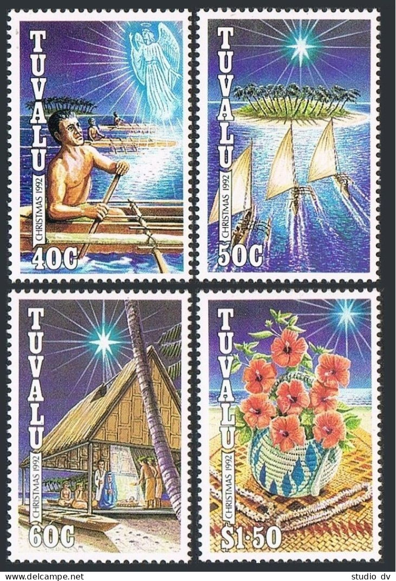 Tuvalu 621-624, MNH. Mi 646-649. Christmas 1992. Canoe, Flowers,Shell Necklaces. - Tuvalu