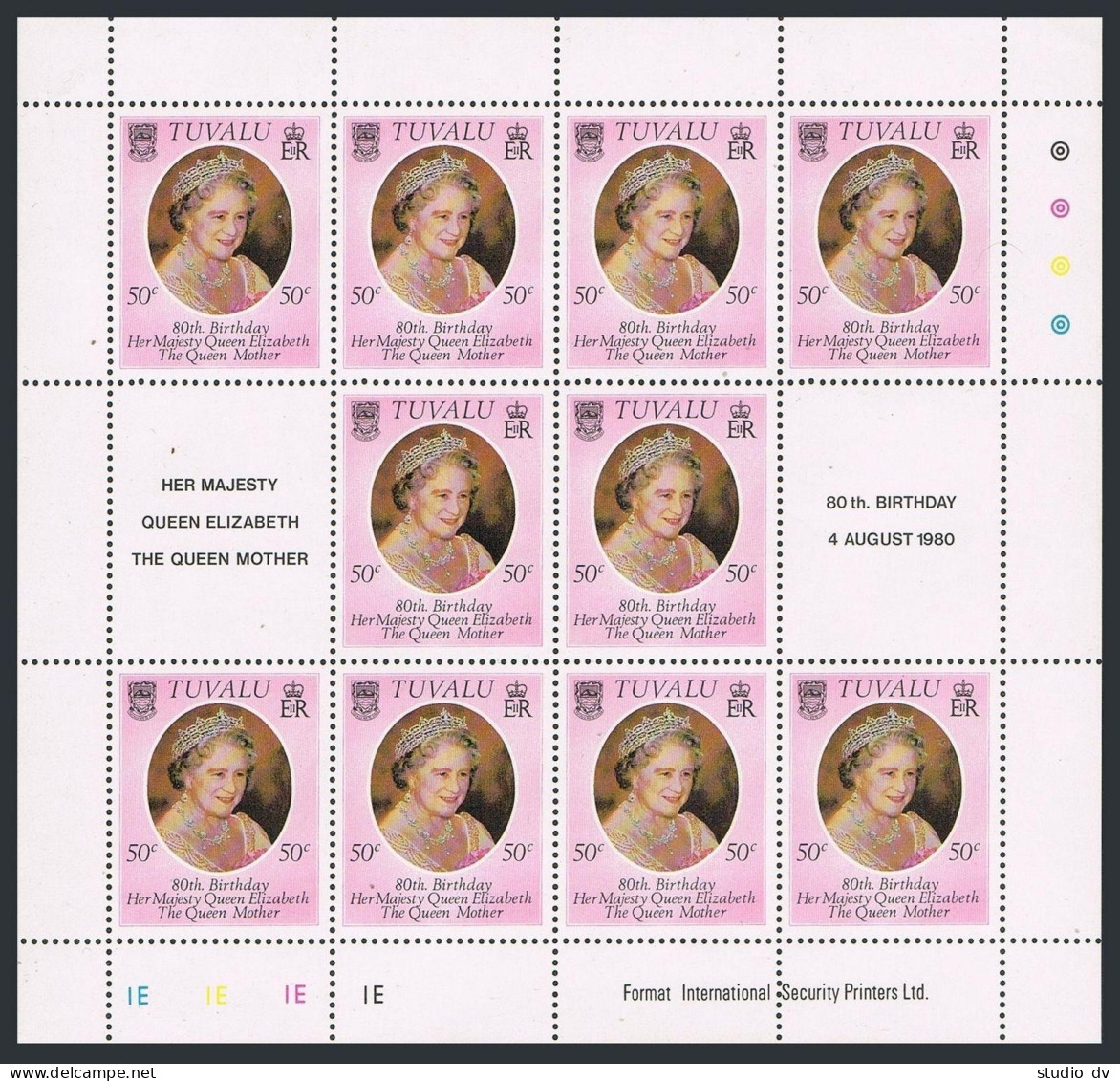 Tuvalu 137 Sheet 10[2 Labels,MNH.Michel 124 Klb. Queen Mother Elizabeth,80,1980. - Tuvalu