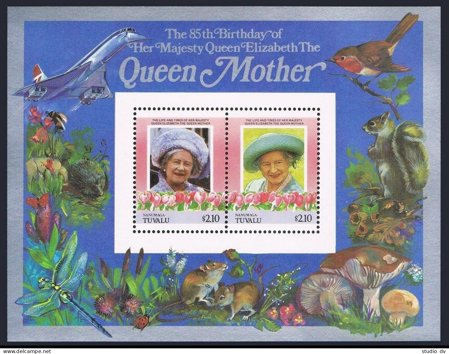 Tuvalu Nanumaga 50,MNH.Michel Bl.2. Queen Mother-85.Fauna,Concorde. - Tuvalu (fr. Elliceinseln)